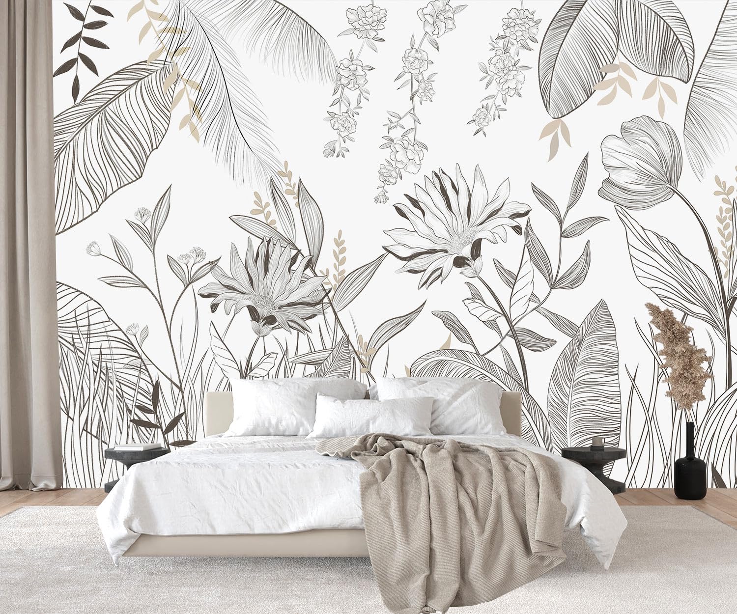 PYFFYP- Grey and White Tropical Leaf Wallpaper murals for Living Room?Not Peel and Stick?