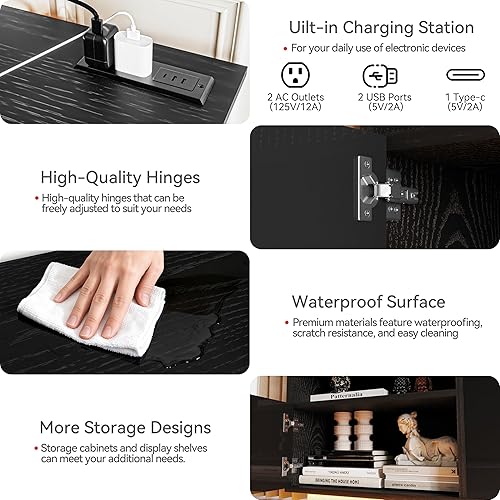 Miniatura 5 de Soporte de TV con chimenea de 70 pulgadas con chimenea eléctrica de 36 pulgadas, centro de entretenimiento con estación de carga y consola de luz