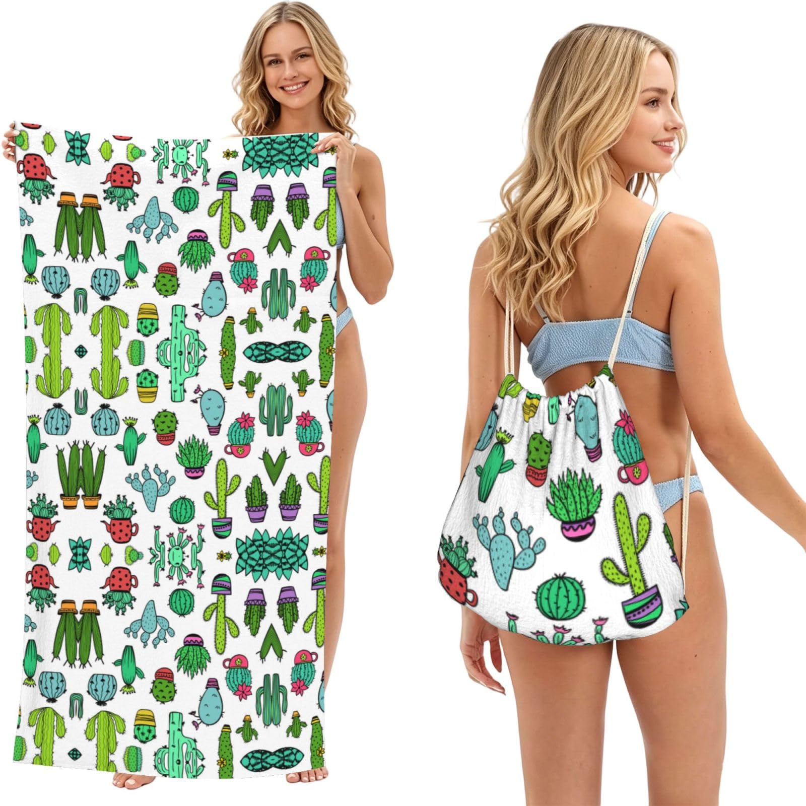 ESNAIUVCD Lovely Succulent Print Beach Towel For Adults,Towel With Drawstring Bag, Travel Pool Swimming Sports Shower Sand Free Quick Dry Bath Towel For Pool, Beach, Yoga- 180x60cm