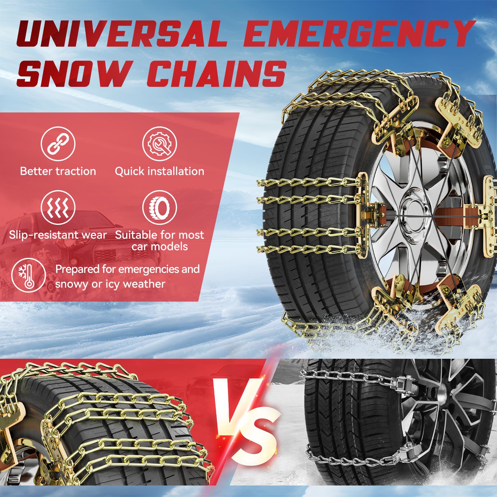 MOONCOOL 10 unidades (1 juego) Cadenas de nieve universales para coche, fácil montaje, para neumáticos de 215 – 285 mm de ancho, con guantes, gancho, bolsa de transporte, cuerda de amarre, para