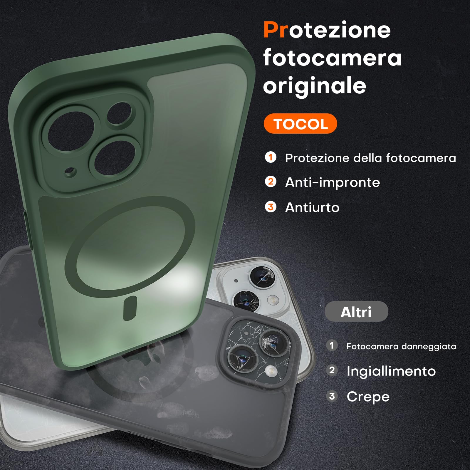 TOCOL Cover Magnetica per iPhone 15 6,1 Pollic, Compatibile con MagSafe, Protezione Fotocamera Integrata, Custodia Antiurto Traslucida Opaca, Verde Alpino