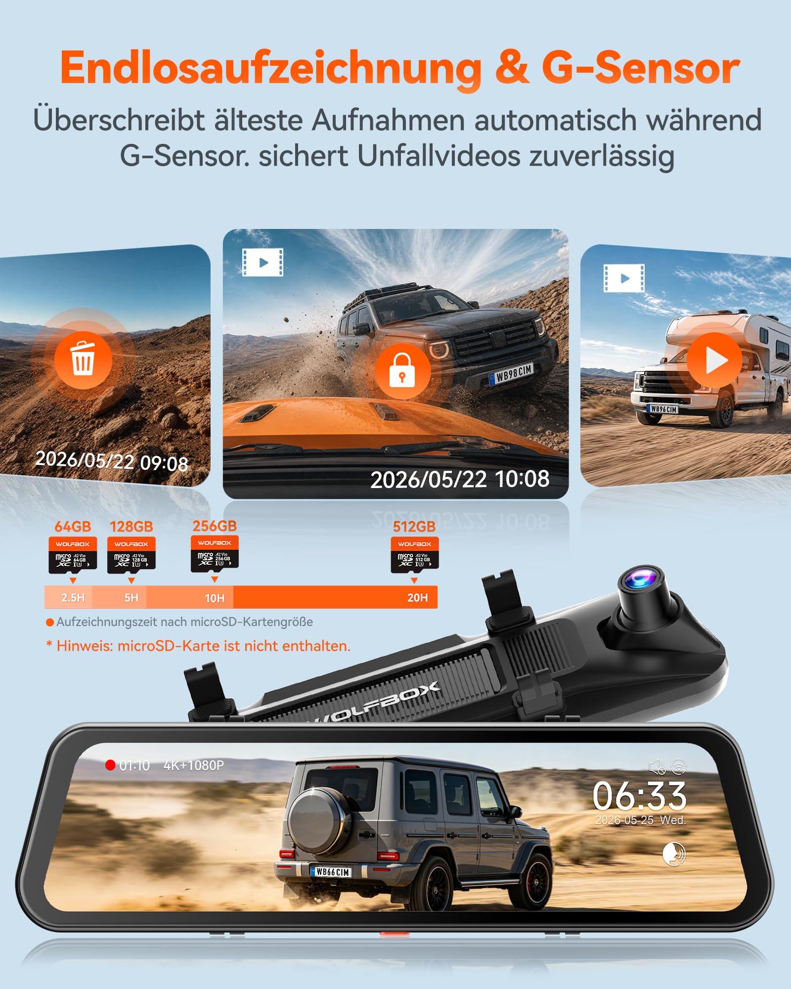 WOLFBOX G900 Core-N 12" 4K Rückspiegel Kamera, 8MP STARVIS 2 IMX678