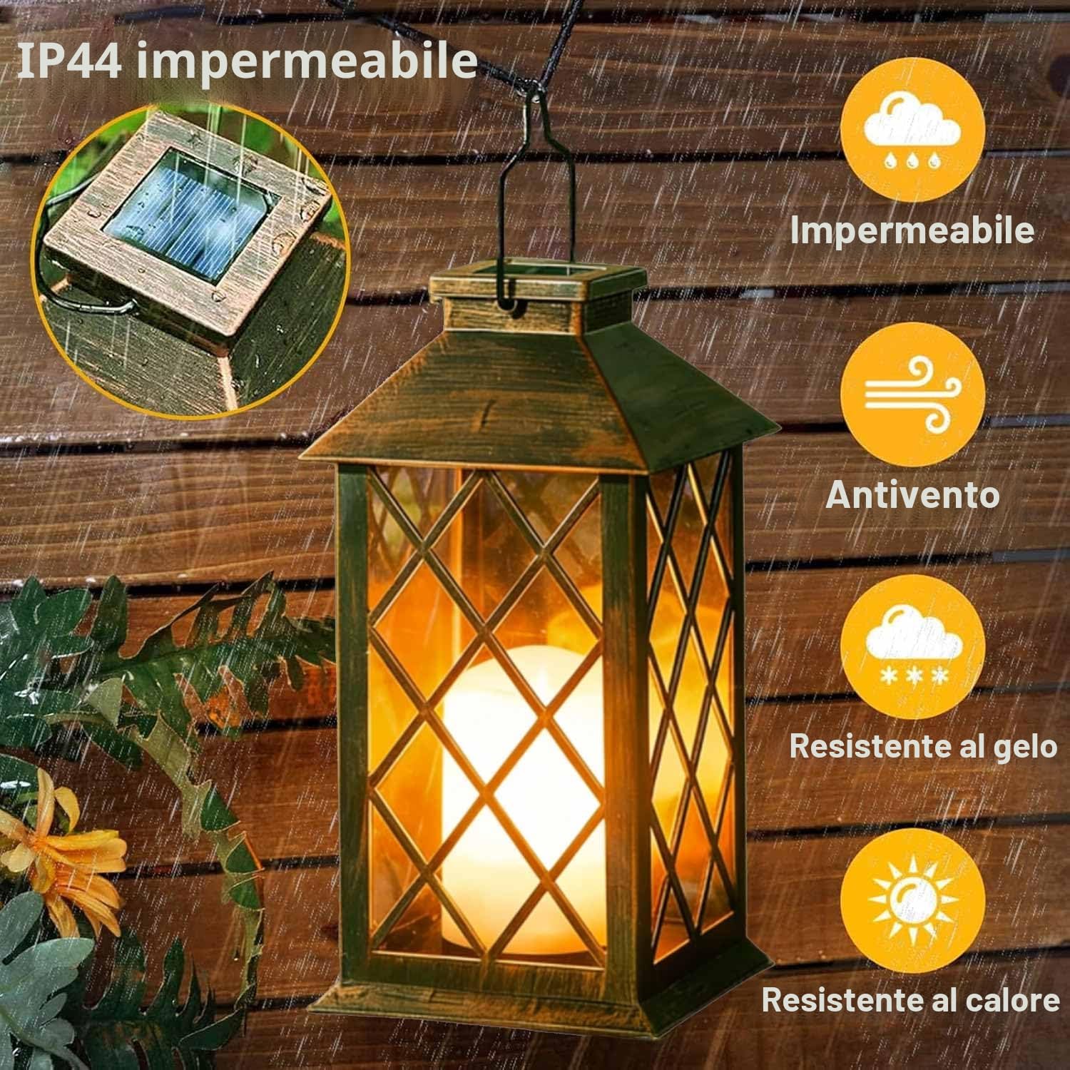 Joycome Lanterne da Esterno 2 Pezzi Lanterna Solare da Giardino con Candele Tremolante, Lampada Solari da Appendere Impermeabile Lampade da Tavolo per Arredo Terrazzo Balconi Decorazioni - Rame