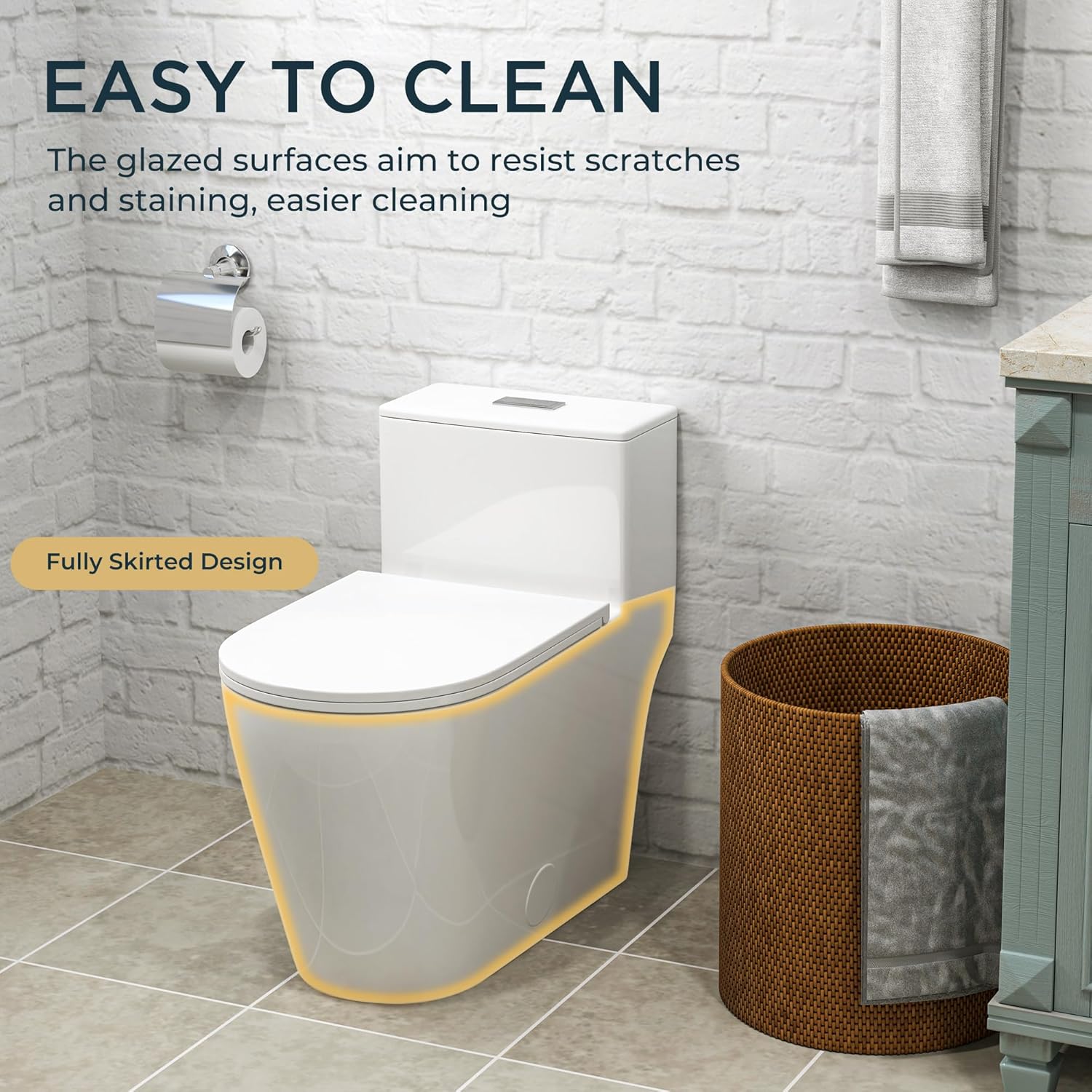 Compact One-Piece Elongated Toilet Dual Flush 1.1/1.6 GPF Siphon Flushing, 12 inch Rough-In, 16-1/8 inches Comfort Standard Height, Quiet Soft-Close Seat, Fully Skirted Easy-Clean Design (White)