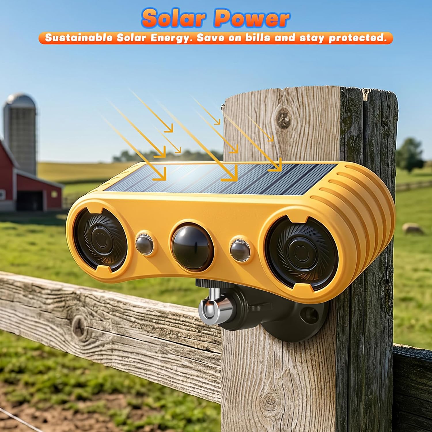 Solar Motion Sensor Alarm Outdoor, Red & Blue LED Strobe Light with 130dB Dual Speakers, 13 Loud Sounds Dog Barking & Siren, Continuous Loop Playback, 4 Modes for Deer Bear Coyote Fox Deterrent