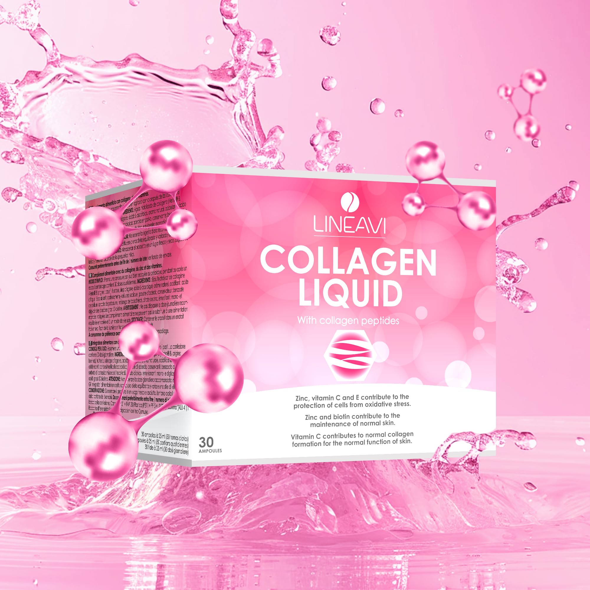 LINEAVI Kollagen Liquid, Trink-Kollagen, mit Kollagen-Peptiden, Acerola, Zink, Vitamin C, Vitamin E, Biotin, unterstützt Haut, Haare und Nägel, in Deutschland hergestellt, 2x30 Trinkampullen