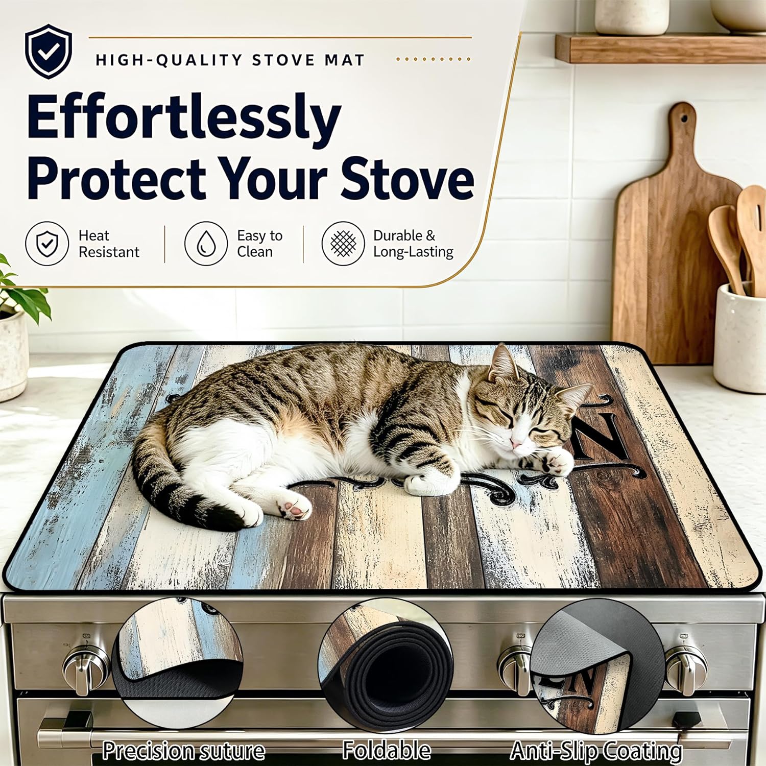 Stove Top Cover for Electric Stove, Multi-Purpose Heat Resistant Glass Cooktop Cover for Countertop, Stove and Washer Top Protection (wooden texture,“Kitchen”, 30"L x 21"W)