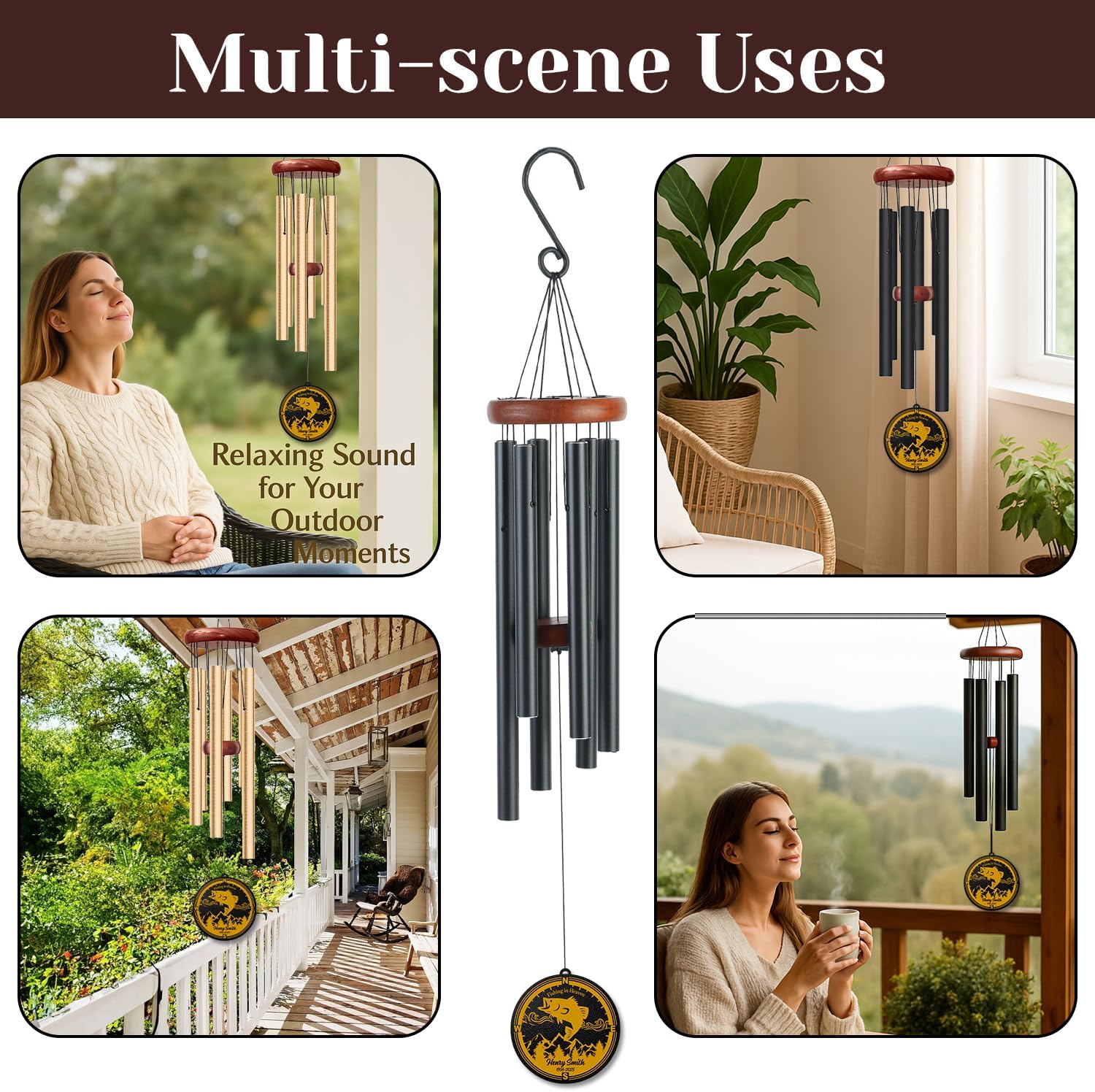 Personalized Gone Fishing Memorial Wind Chime – “Fishing in Heaven” Custom Name & Dates – Outdoor Sympathy Gift for Men, Dad, or Grandpa – Fisherman Remembrance Windchime for Memorial Garden Décor