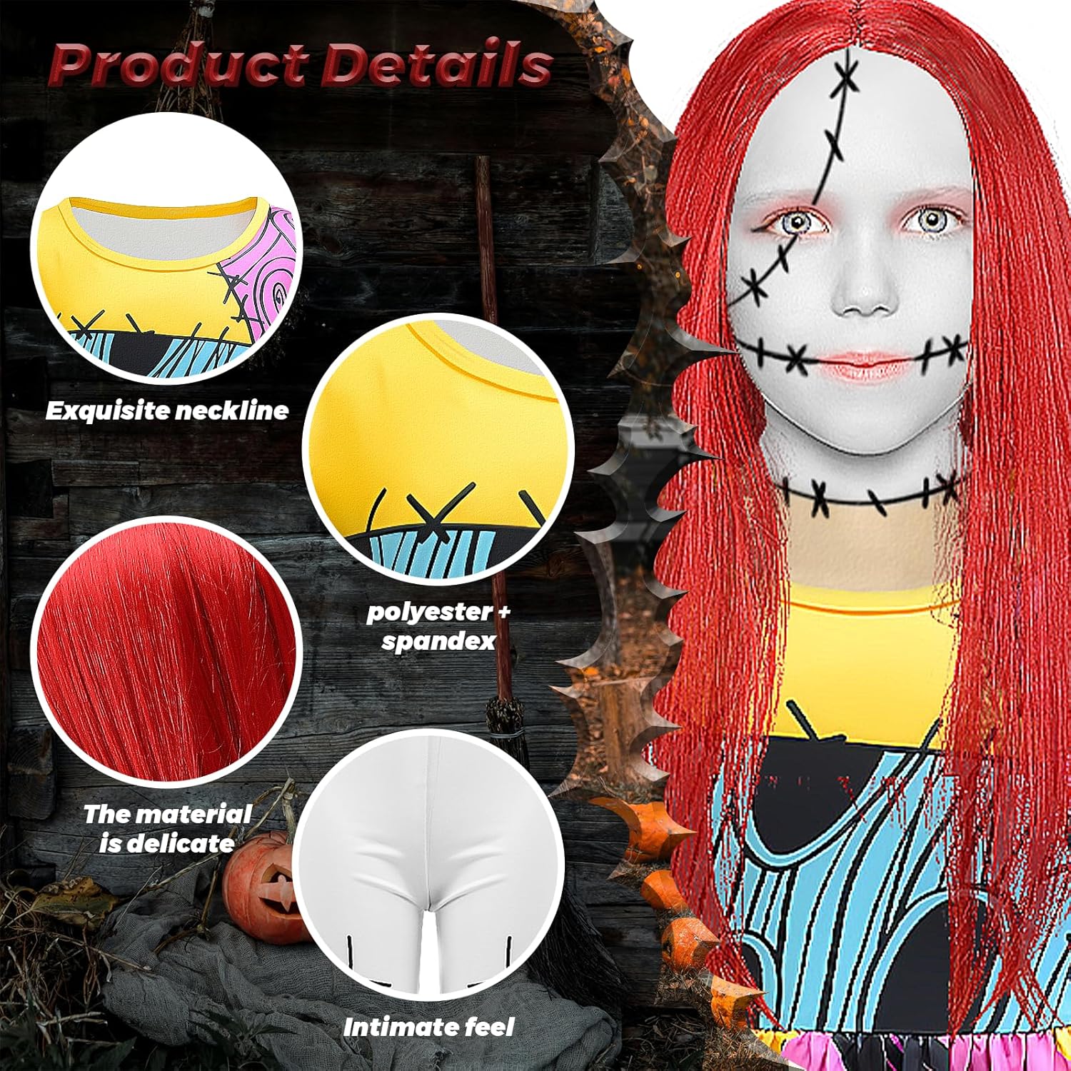 Sally Costume Dress for Girls, 6 PCS Sally Cosplay Suit with Wig Accessories for Halloween Nightmare Christmas Cosplay - Image 3