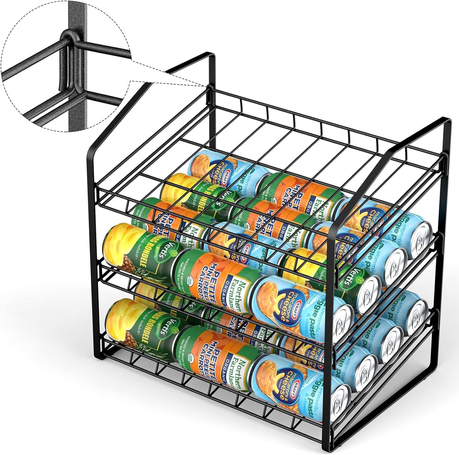 Estante para latas de 3 niveles, organizador de latas para despensa, soporte dispensador de almacenamiento para encimera, gabinete, cocina, Negro