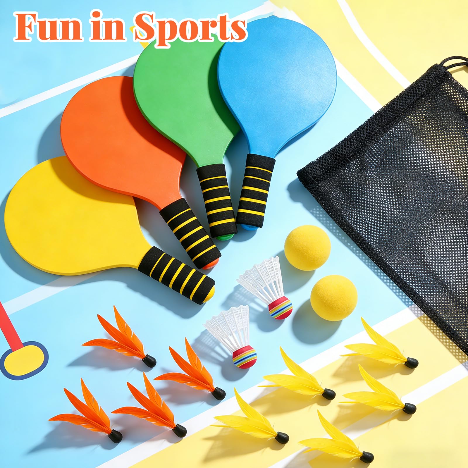 Beach Ball Spiel Set, Draußen Kinder Beachball Set with 2 Schläger, 6 Federbälle, 2 Haltbare Plastikbälle, 1 Tasche, Strandball Schlägerset Sommer Paddleball Spielset für Party
