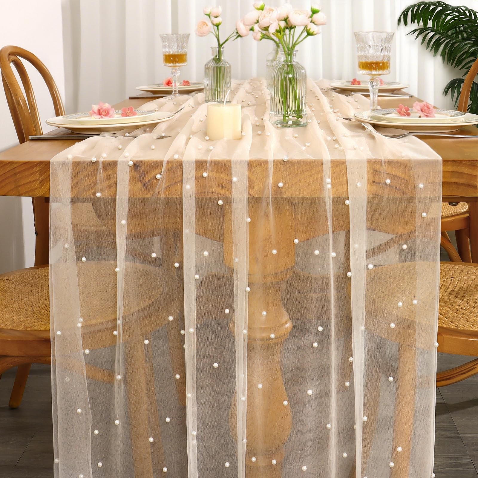 LOMOHOO Table Runner Beige 75x300cm Wedding Table Decoration with Pearl and Tulle, Cheesecloth Table Runners Lace Tablecloth Sheer Pearl Gauze for Bridal Shower Birthday Party Dining Table