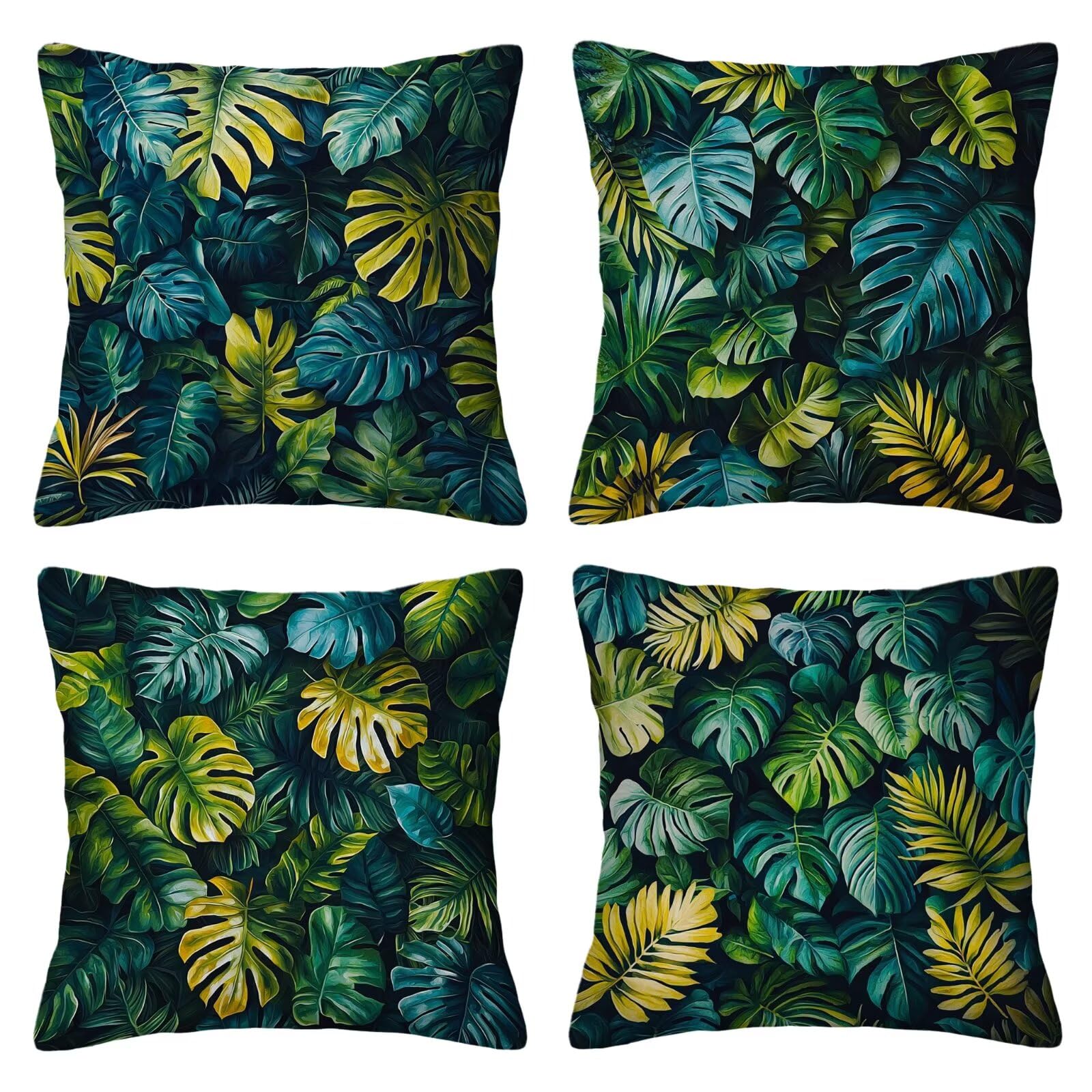 Outdoor Pillow Covers 14x14 Inch, Set of 4 Waterproof Outdoor Throw Pillow Covers, Decorative Square Tropical Linen Cushion Cases, Leaves Pillowcases