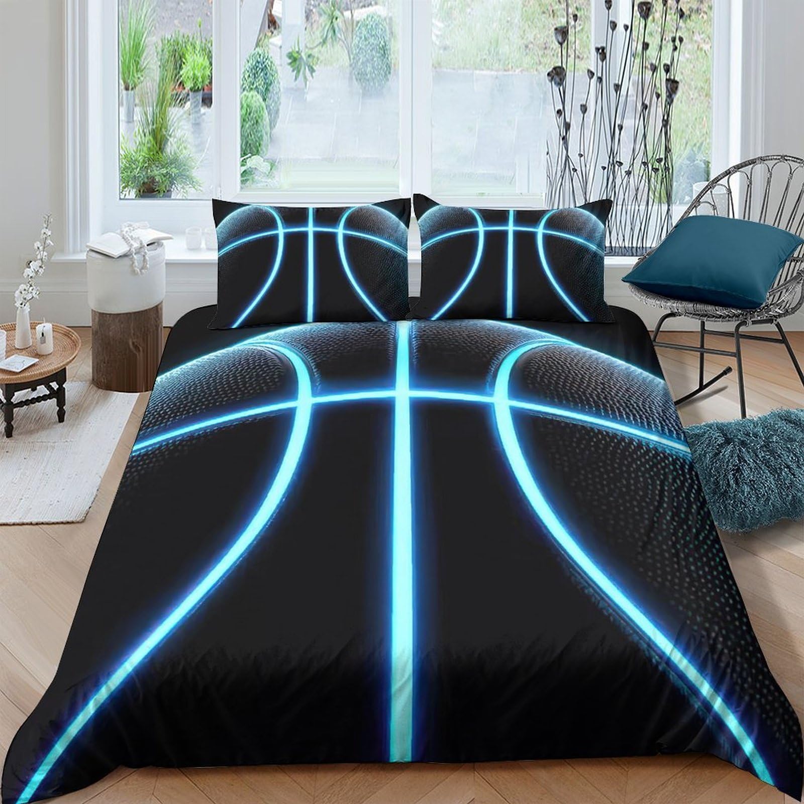 Ctjqhvkz Style-1 3D Printed Neon Basketball Fitted Sheet Microfiber Soft Black Blue Mattress Cover For Bedroom Dorm Easy Care Single（135X200cm）