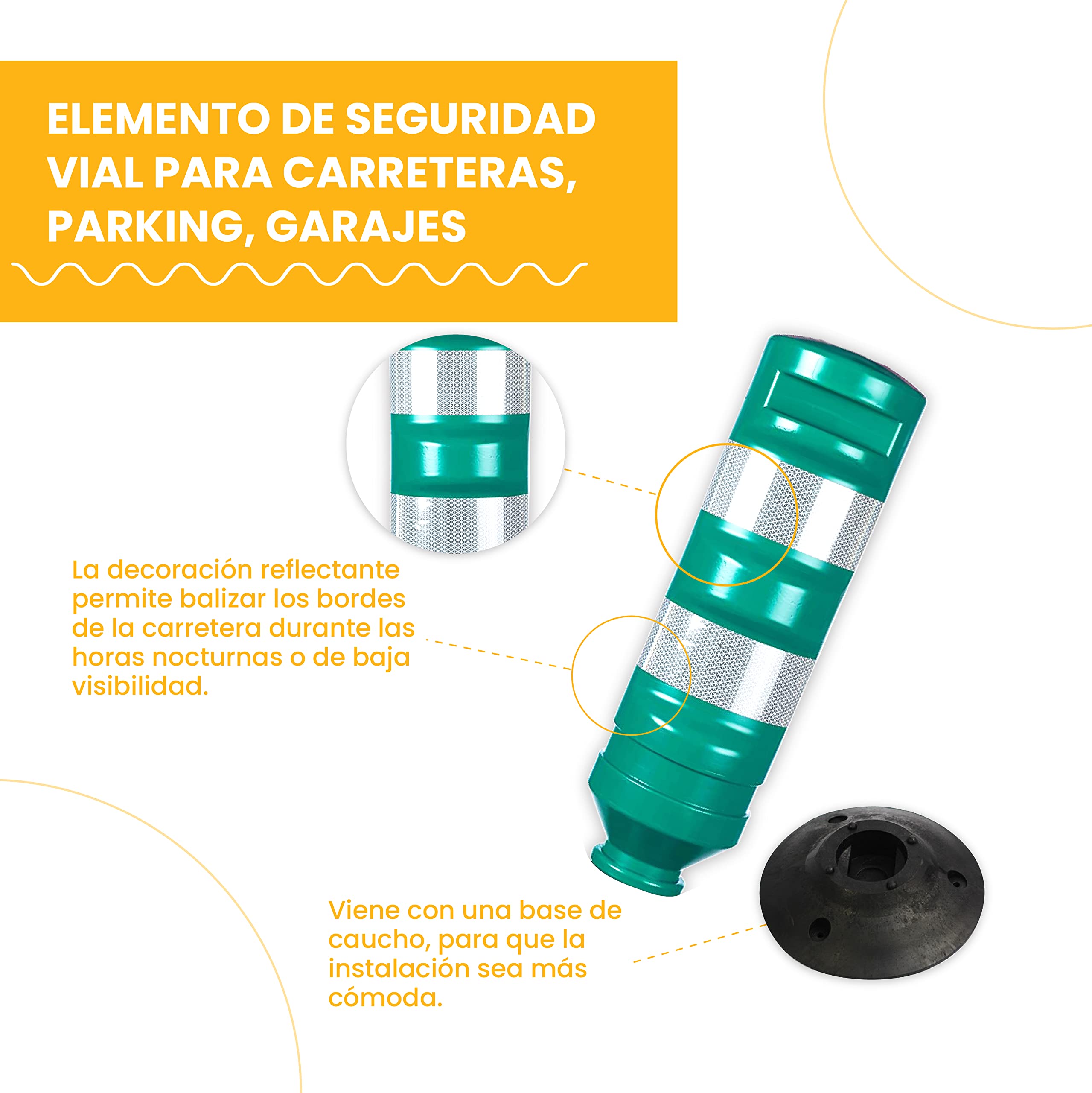 PARKING FACIL | Hito Cilíndrico H-75 con Base en Color Verde con Bandas Reflectantes | Elemento de Seguridad Vial para Carreteras, Parking, Garajes | Tornillería Incluida | Tamaño: 75 cm |