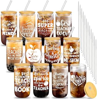 Pinkunn 12 Set Teacher Glass Cups Appreciation Gifts Bulk,Vibrant | with Lids Straws and Cleaning Brushes, Can Shaped Beer Glass , Teacher Appreciation Tumblers in Bulk, Gift for Women