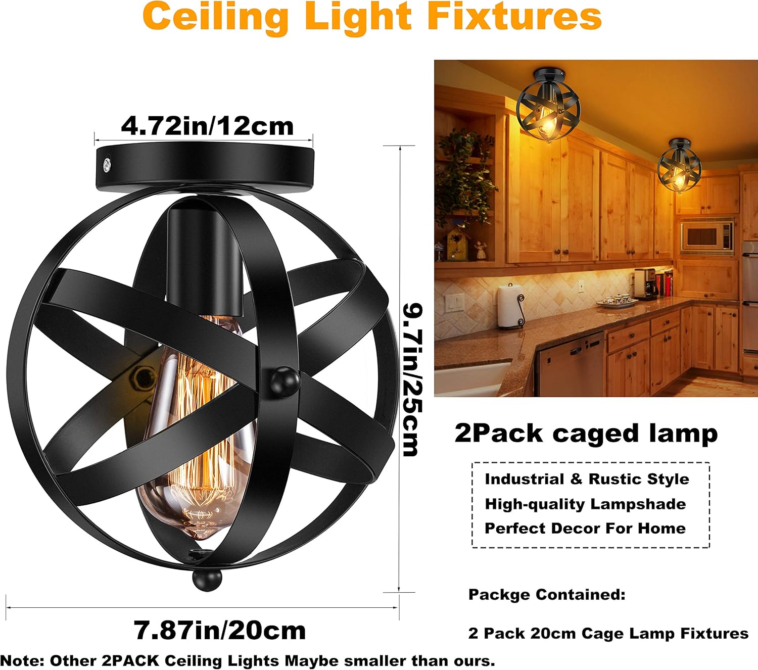 Industrial Ceiling Light Fixtures, Black Flush Mount Ceiling Light, Vintage Metal Globe Close to Ceiling Light for Hallway Porch Bedroom 2 Pack