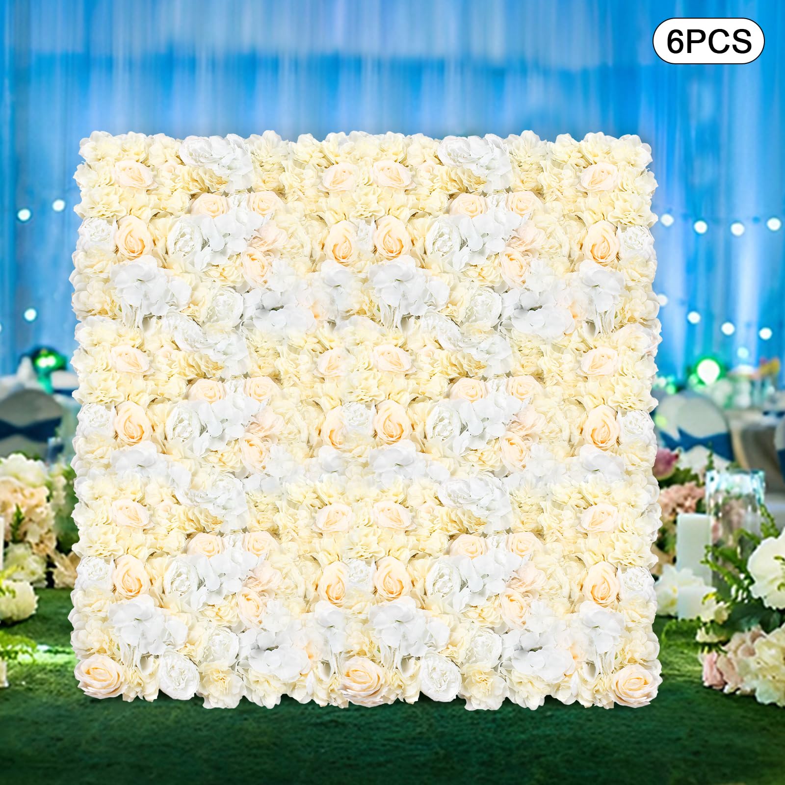 Kunstblumenpaneele 6 Stück 60x40cm Rosenwand Hochzeitsdeko Weiß Gelb | Seidenstoff Kunststoff, handgefertigt, 60x40cm, 6 Paneele, für Hochzeit Party Balkon Wohnzimmer