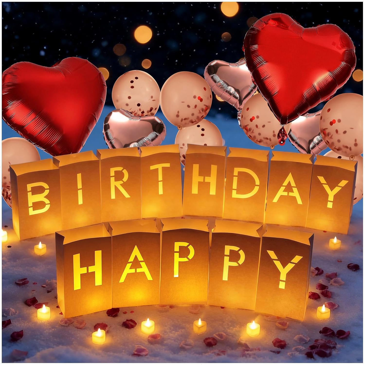 Happy Birthday Light Up Letters Luminary Bags with Tea Lights Candles, Latex Balloons, Aluminum Balloons and Rose Petals Surprise Gifts Banner Birthday Decorations for Women and Men
