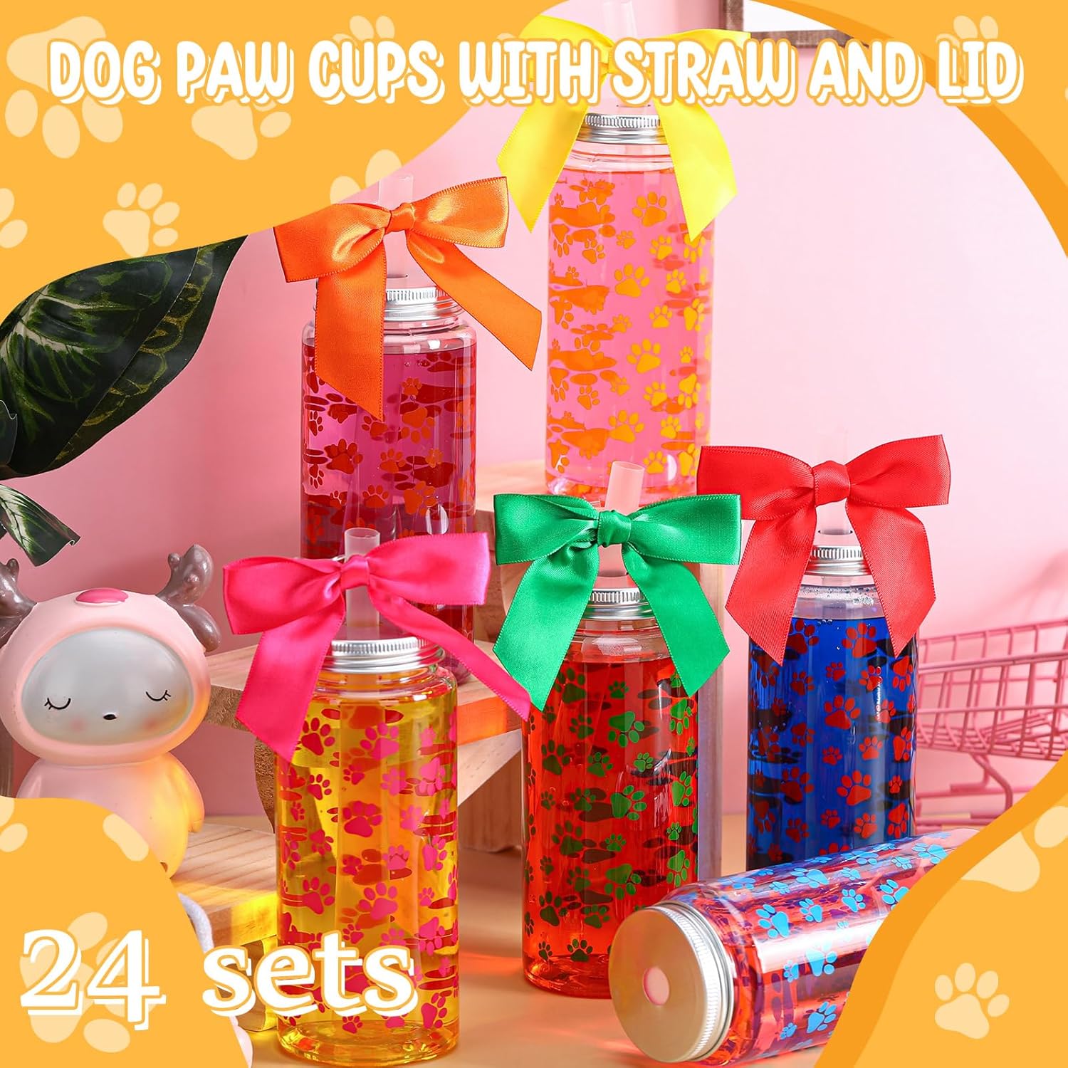 24 Sets Pup Party Cups 14 oz Dog Paw Plastic Tumblers with Lids Straws and Ribbon Bows Puppy Birthday Party Supplies Dog Themed Decorations Dogs Lover Gifts - Image 4