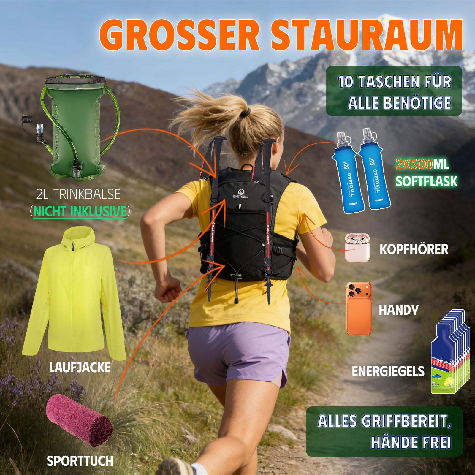 ONETOALL Laufweste Damen mit 2 Faltbare Trinkflasche 500ml, Trinkweste Laufen Herren, Running Vest Laufrucksack Trinkrucksack Reflektierend zum Marathon Trailrunning Jogging Radfahren - 5