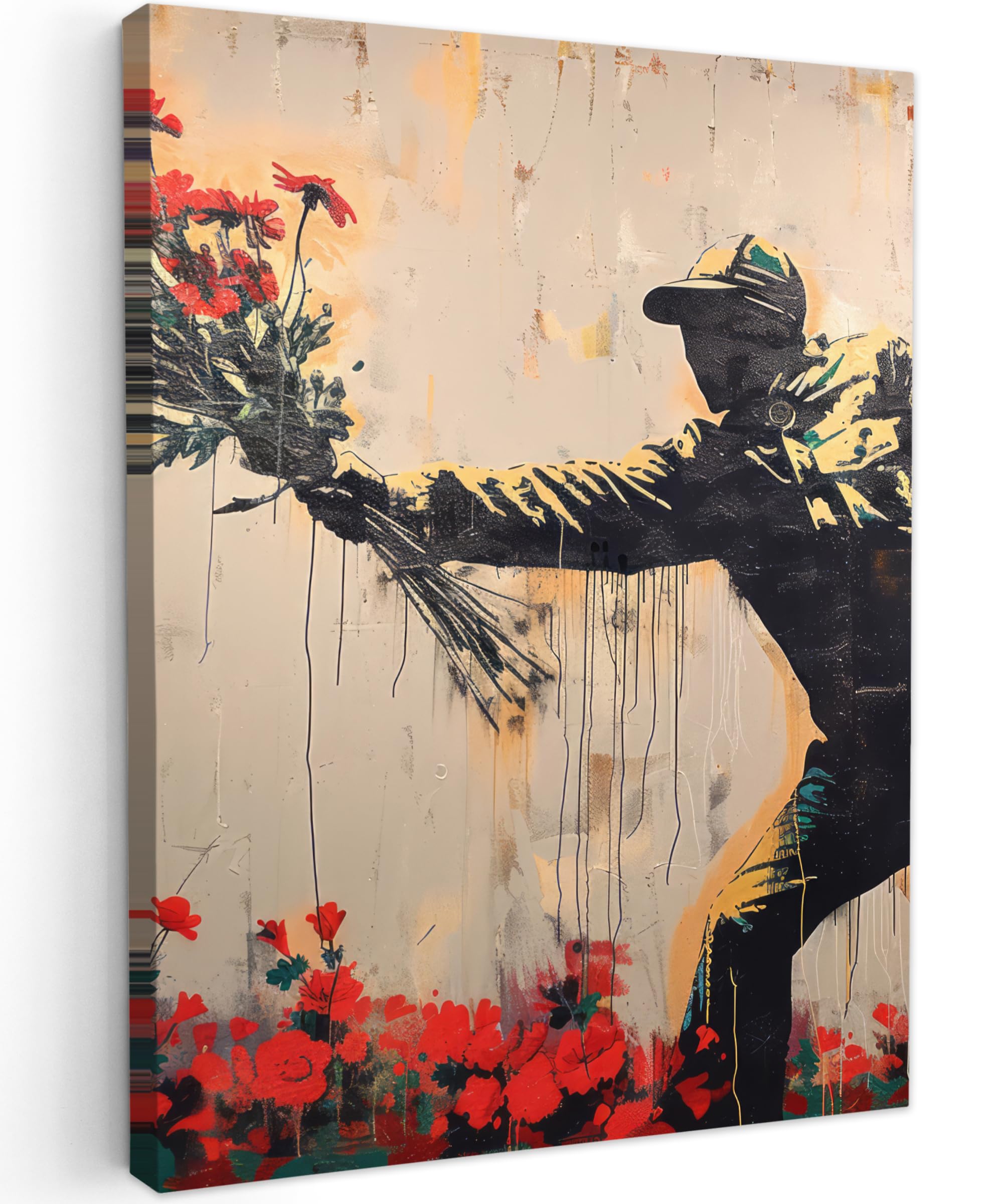 MuchoWow© Wandbilder 50x70 cm Wohnzimmer Wanddeko Schlafzimmer Zimmerdeko Wandgemälde Zimmer Deko auf Wand Dekoration Wall Art Street art - Mann - Blumen - Rot - Graffiti - Banksy