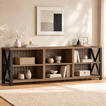 LVB Rustic Entertainment Center for 65 Inch TV, Industrial Wood and Metal TV Stand with Storage Shelf, Modern Television Media Console Table with Cabinet for Living Room Bedroom, Rustic Oak, 55 Inch