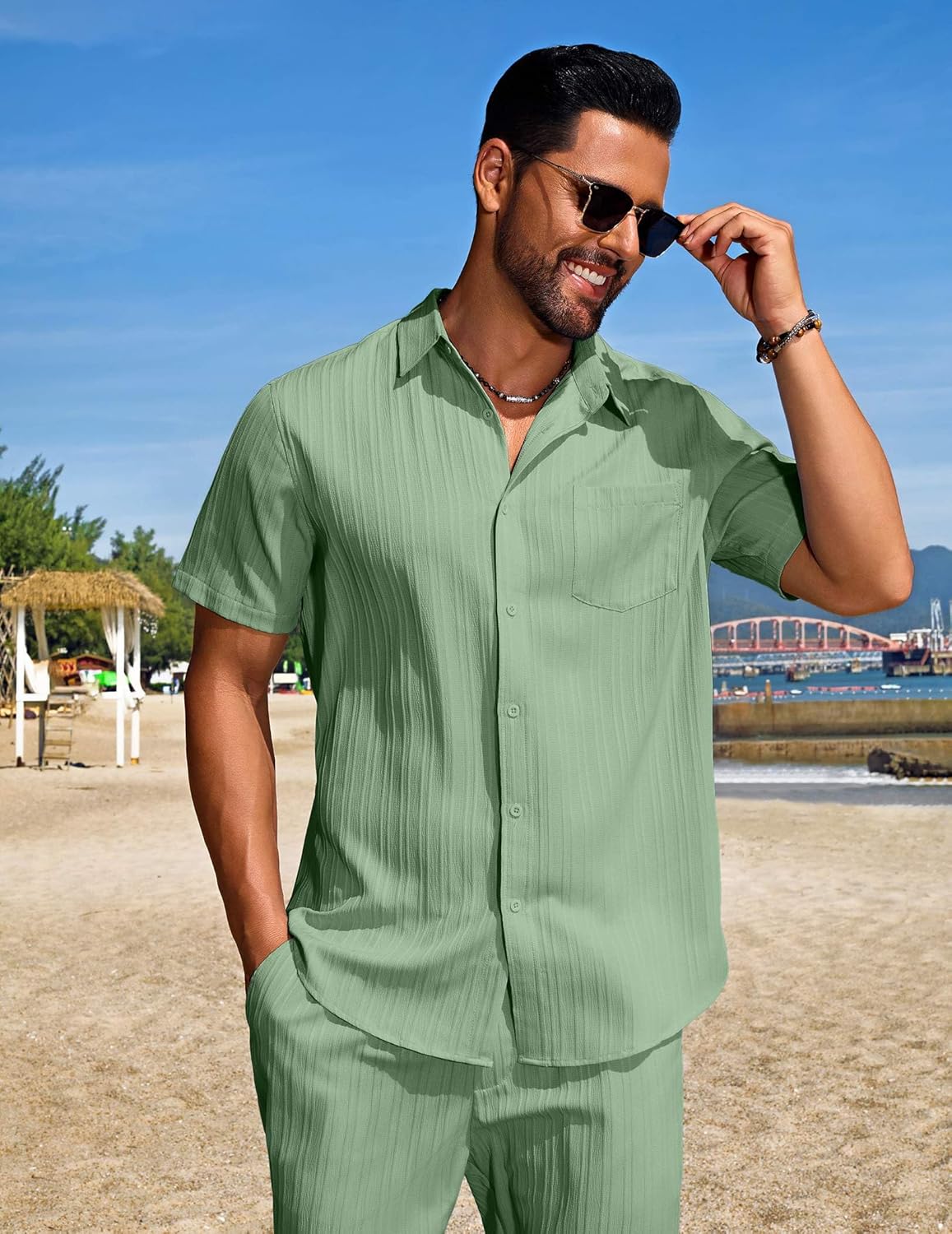 COOFANDY Mens Beach Outfits 2 Piece Sets Casual Short Sleeve Button Down Summer Textured Shirt - Image 2