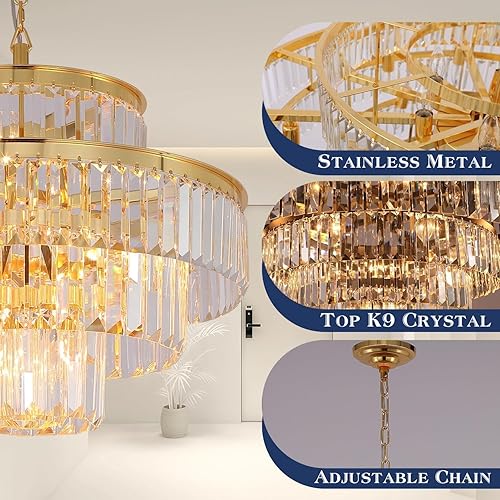 Miniatura 4 de GMlixin Lámpara de araña moderna de cristal, lámpara de techo colgante de 4 niveles, accesorio de iluminación para comedor, sala de estar