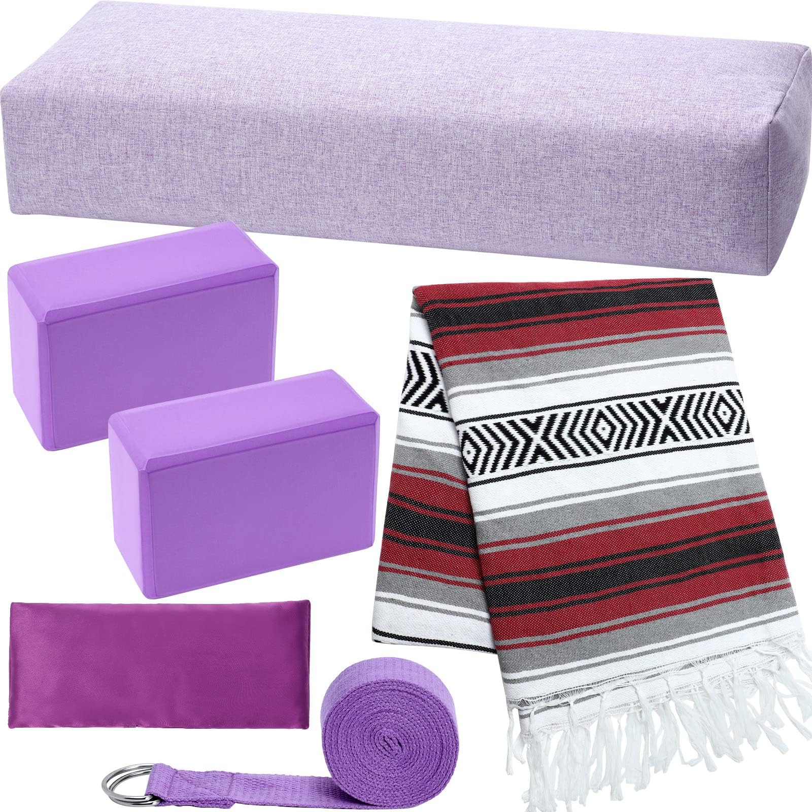 6 Pcs Restorative Yoga Kit Include Rectangular Yoga Bolster Yoga Mexican Blanket Yoga Blocks with Strap Eye Pillow for Exercise Workout Stretching Meditation (Purple, Win Red and Gray, Light Purple)