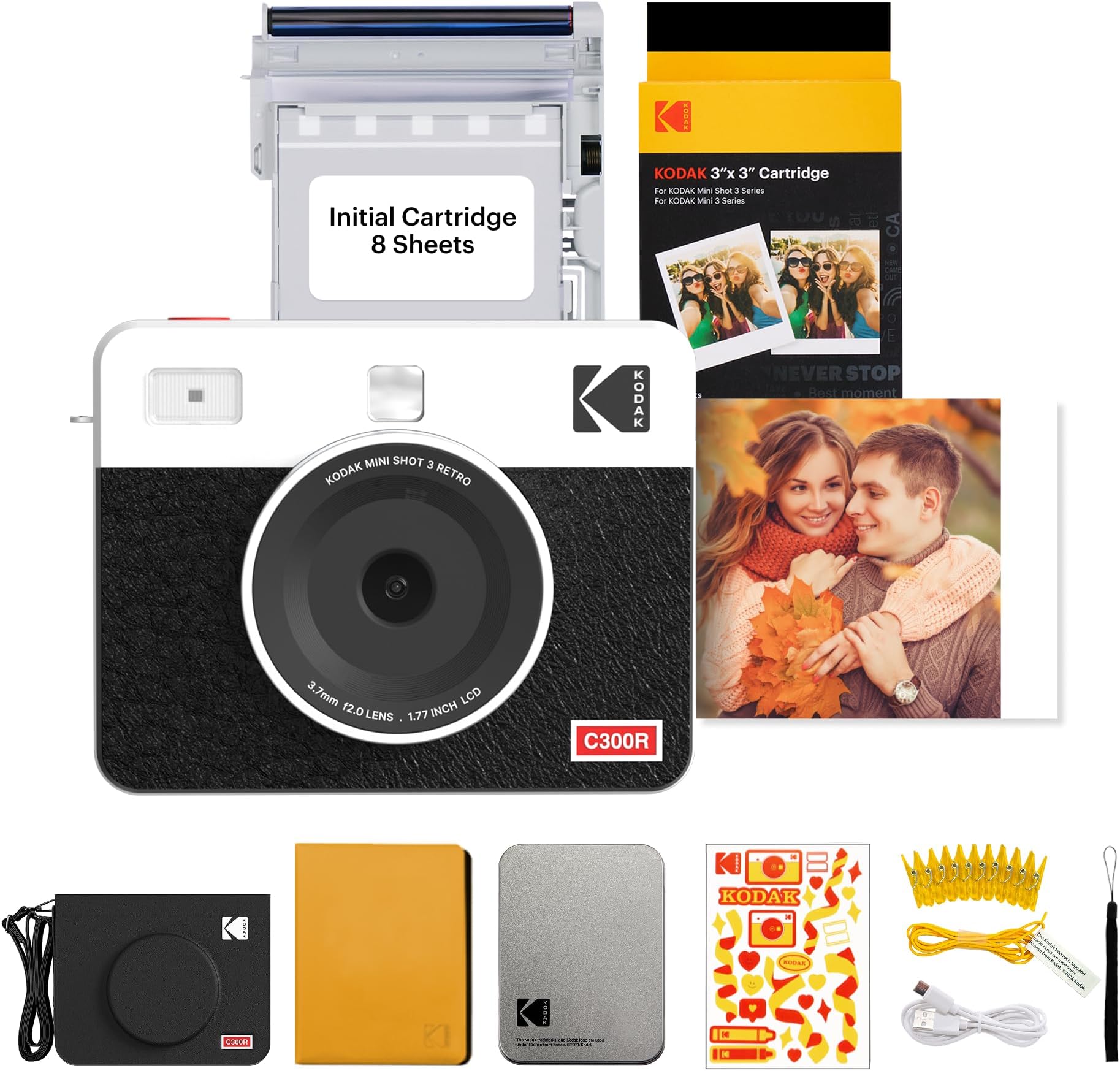 KODAK Mini Shot 3 Retro 4PASS 2-in-1 Instant Camera and Portable Photo Printer (7.6 x 7.6 cm) plus Gift Package with 68 Sheets, White