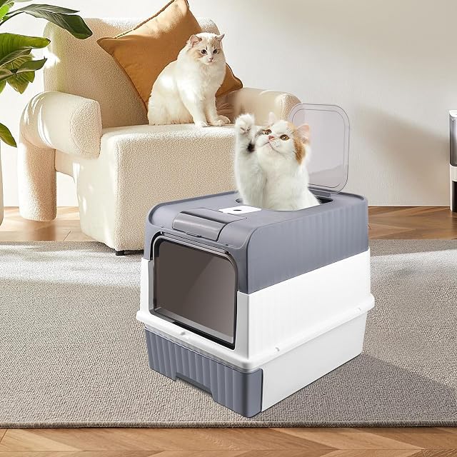 Foto 5 de 8 de Caja de arena para gatos cerrada, gran caja de arena plegable con techo a abrir, bandeja y pala extraíbles