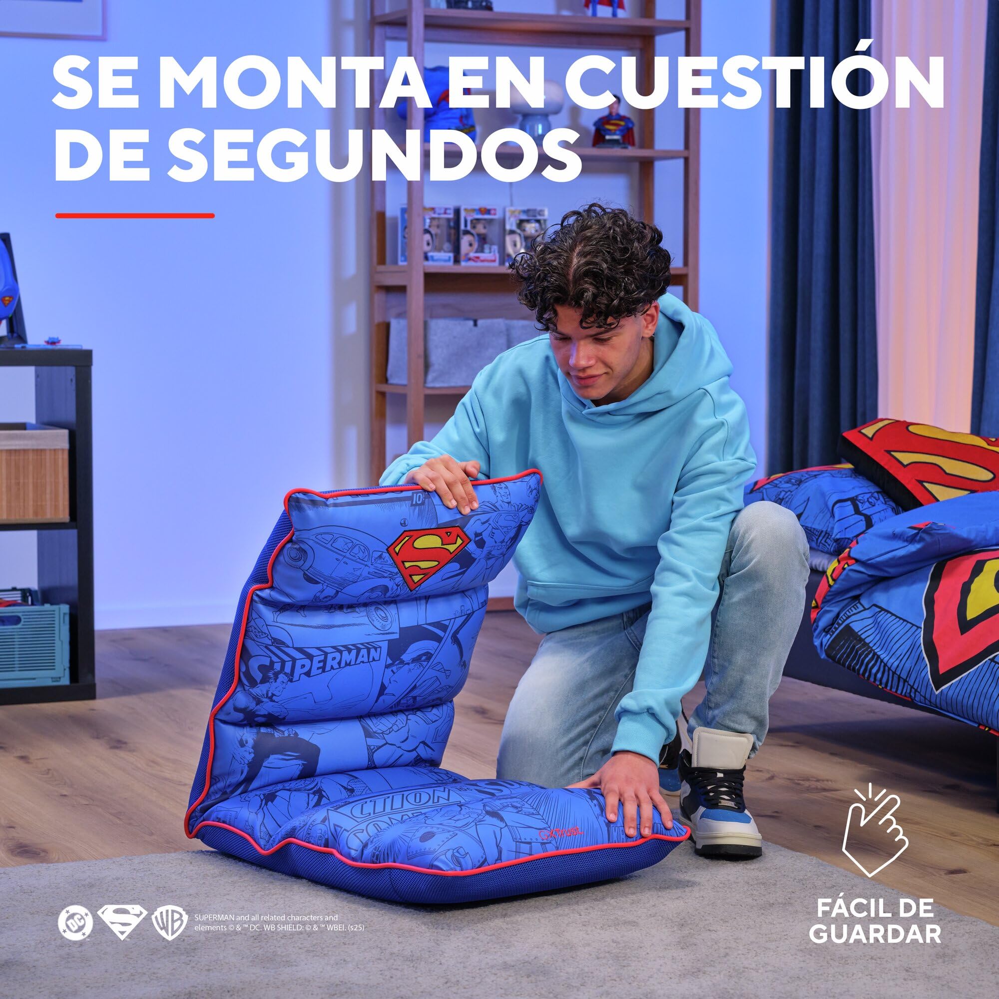 GXTrust 718SM Rayzee Silla Gaming Plegable con Licencia Superman, Cojin de Suelo para Consolas, Respaldo Ajustable, Peso de hasta 125 kg, Silla Gamer para Niño Juegos Lectura Relax TV, Azul