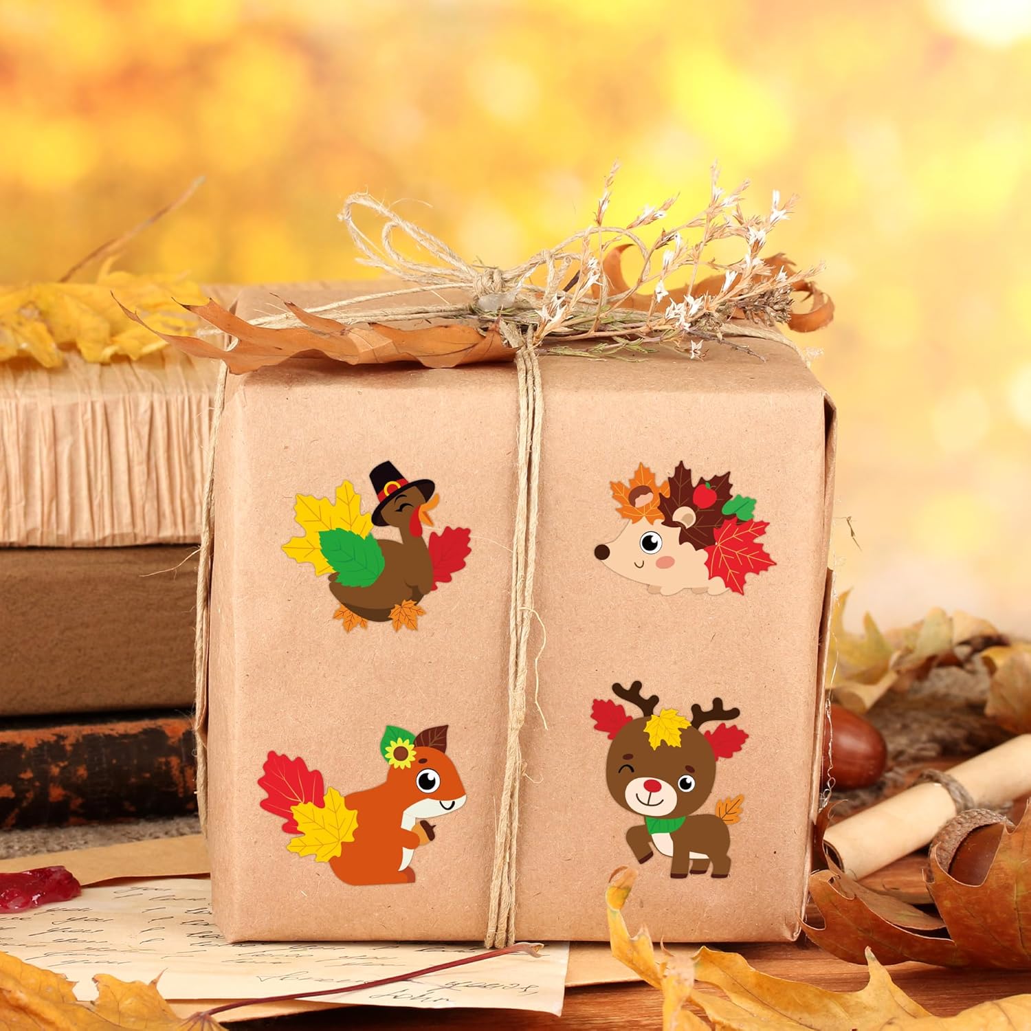 ANGOLIO Fall Animals Stickers Scene Roll - DIY Autumn Leaf Animal Decals for Kids Crafts, Cute Animals Turkey Owl Deer Squirrel Hedgehog Fox Make A Face Stickers for Kids Thanksgiving Party Activity