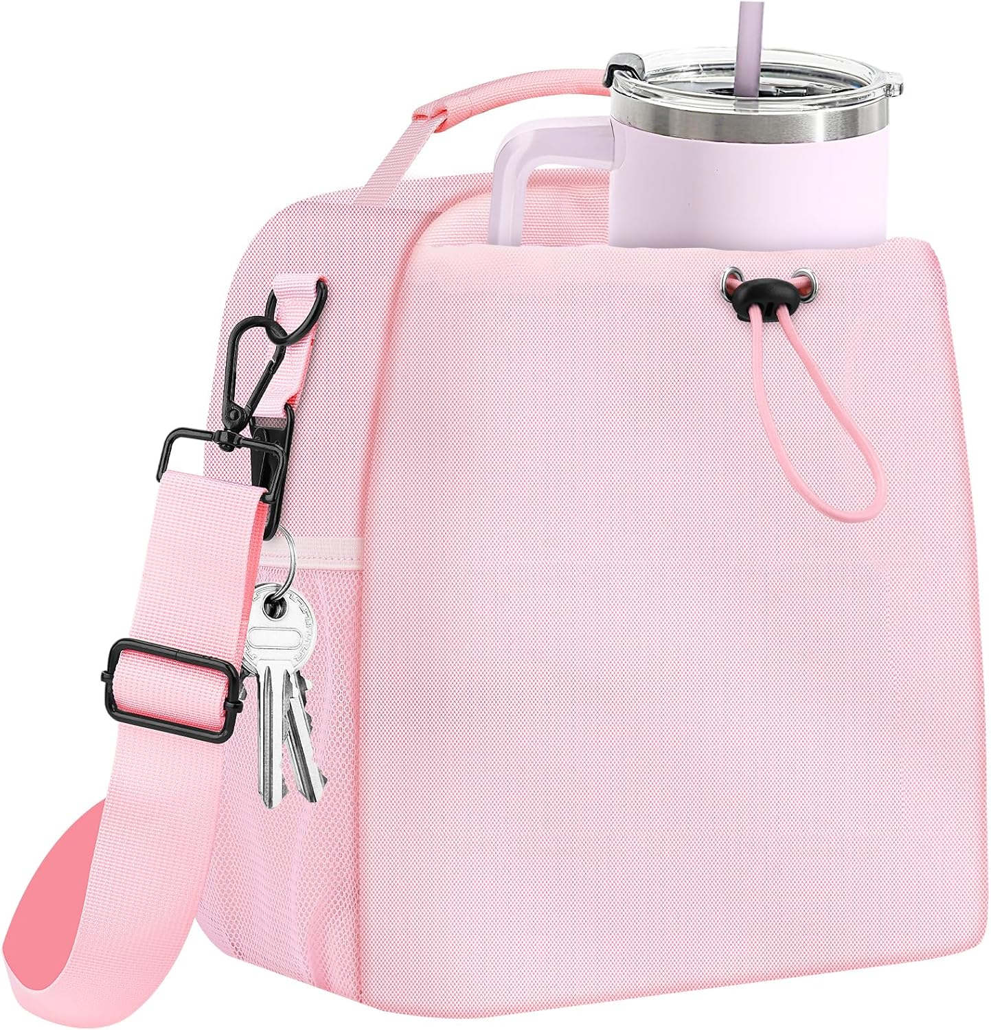 Yotako Insulated Lunch Bag for Men Women–Lunch Box Fits 40/30oz Stanley Cups, Leakproof Cooler Tote With 2 Metal Hooks, Side & Interior Mesh Pockets, Adjustable Strap for Work, Travel, Picnics (Pink)