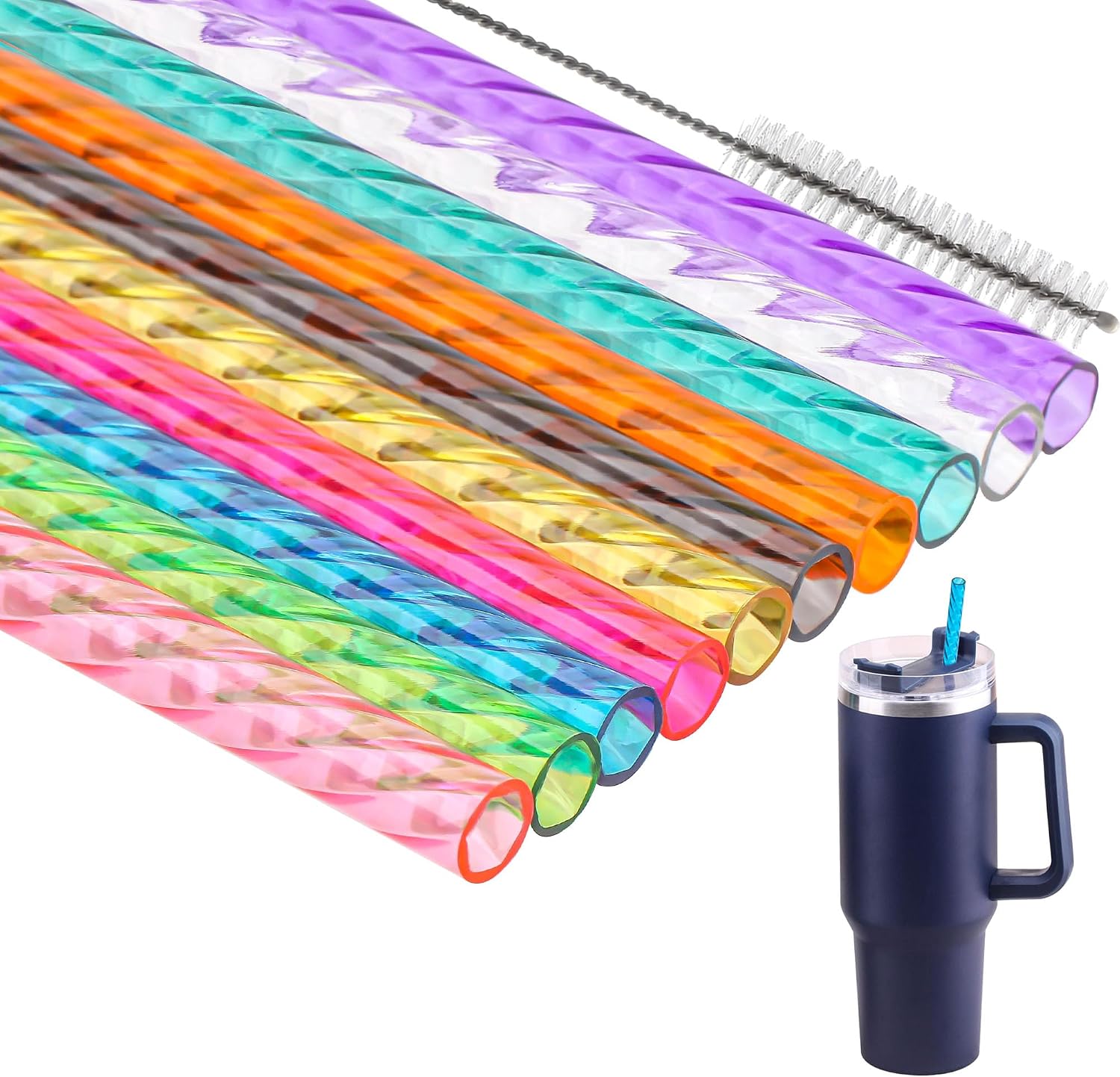 Dakoufish 14 Inch 10 Color Replacement Reusable Drinking Straw for Stanley100 oz 64 oz 40 oz Tumbler,Plastic Swirl Straws for Stanley Tumblers Accessories,Set of 10 with Cleaning Brush