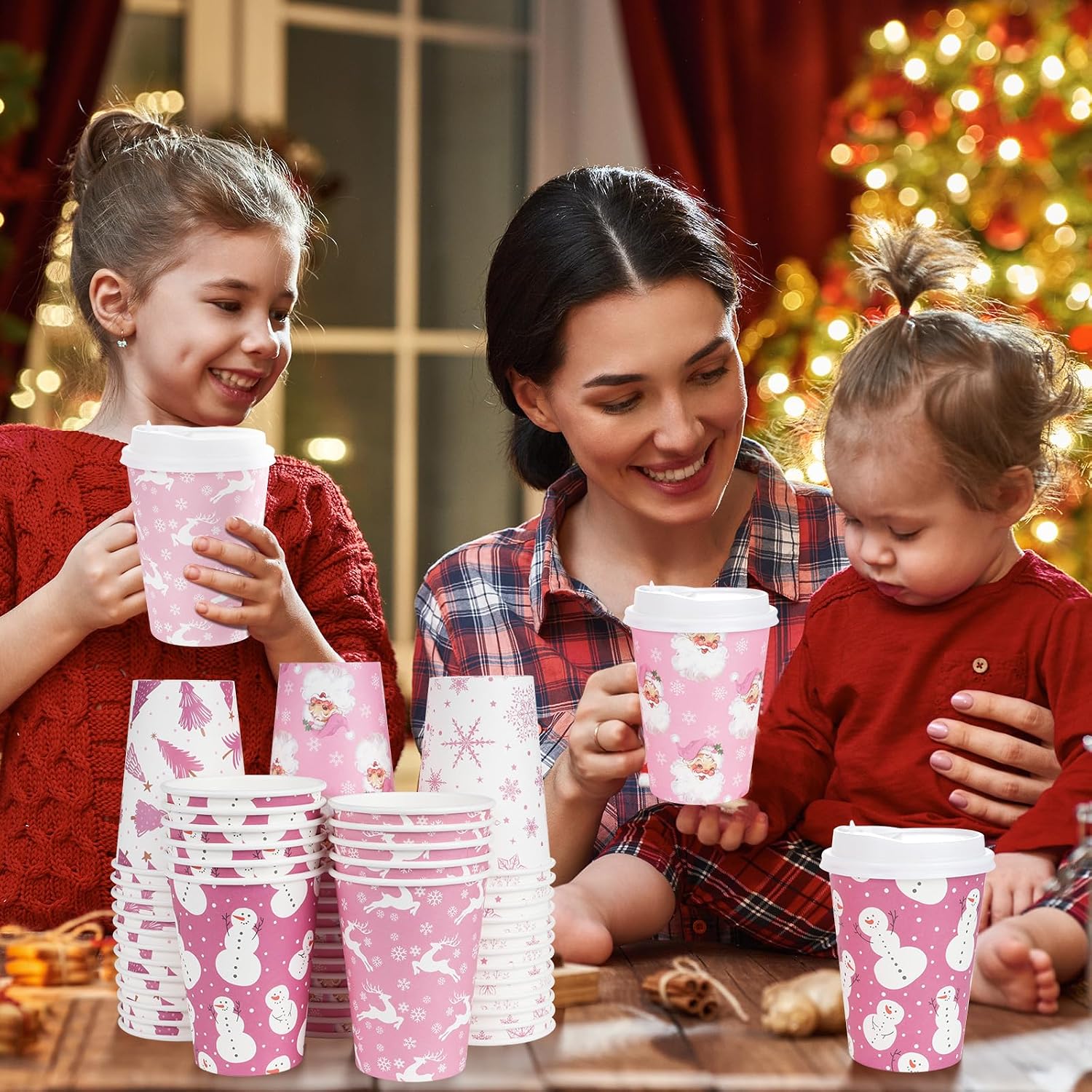 200 Set Christmas Disposable Coffee Cups with Lids 12oz, Bulk Pink Xmas Holiday Hot Chocolate Party Paper Cups for Hot Cocoa Cold Drinks Christmas New Year Winter Party Supplies Decorations