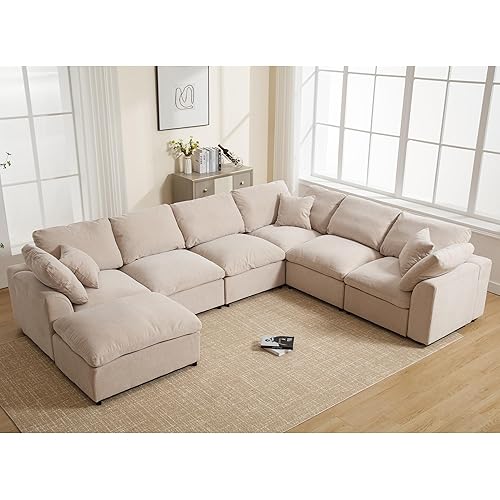 129.3" Oversized Modular Sectional Sofa, U Shaped Couch with Movable Ottoman, Large 7 Seat Corner Couches for Living Room, Spacious Space, Beige