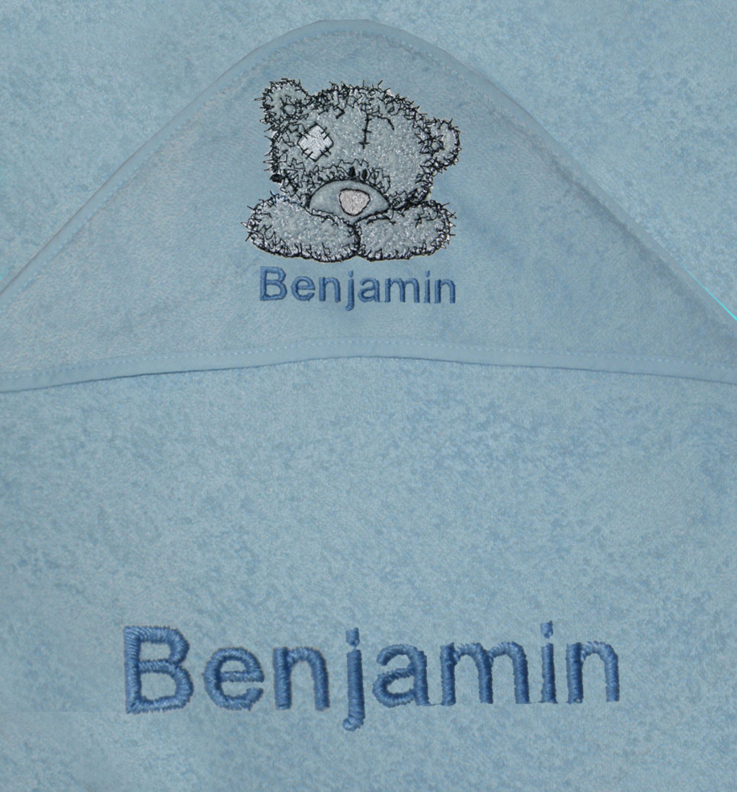 Scruffy Bear 100% Cotton Personalised Baby Hooded Bath Towel. (Blue)