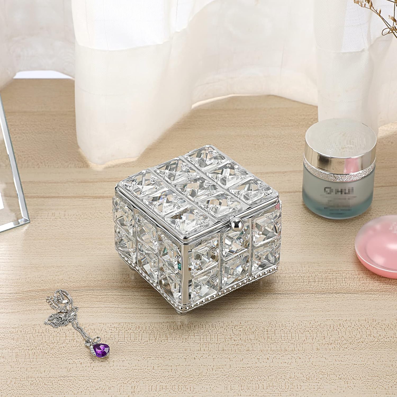 ELLDOO Crystal Jewelry Box Square Trinket Organizer with Lid Earrings Rings Vintage Treasure Keepsake Box for Valentine Wedding Dresser Bedroom Decoration, Silver - Image 5