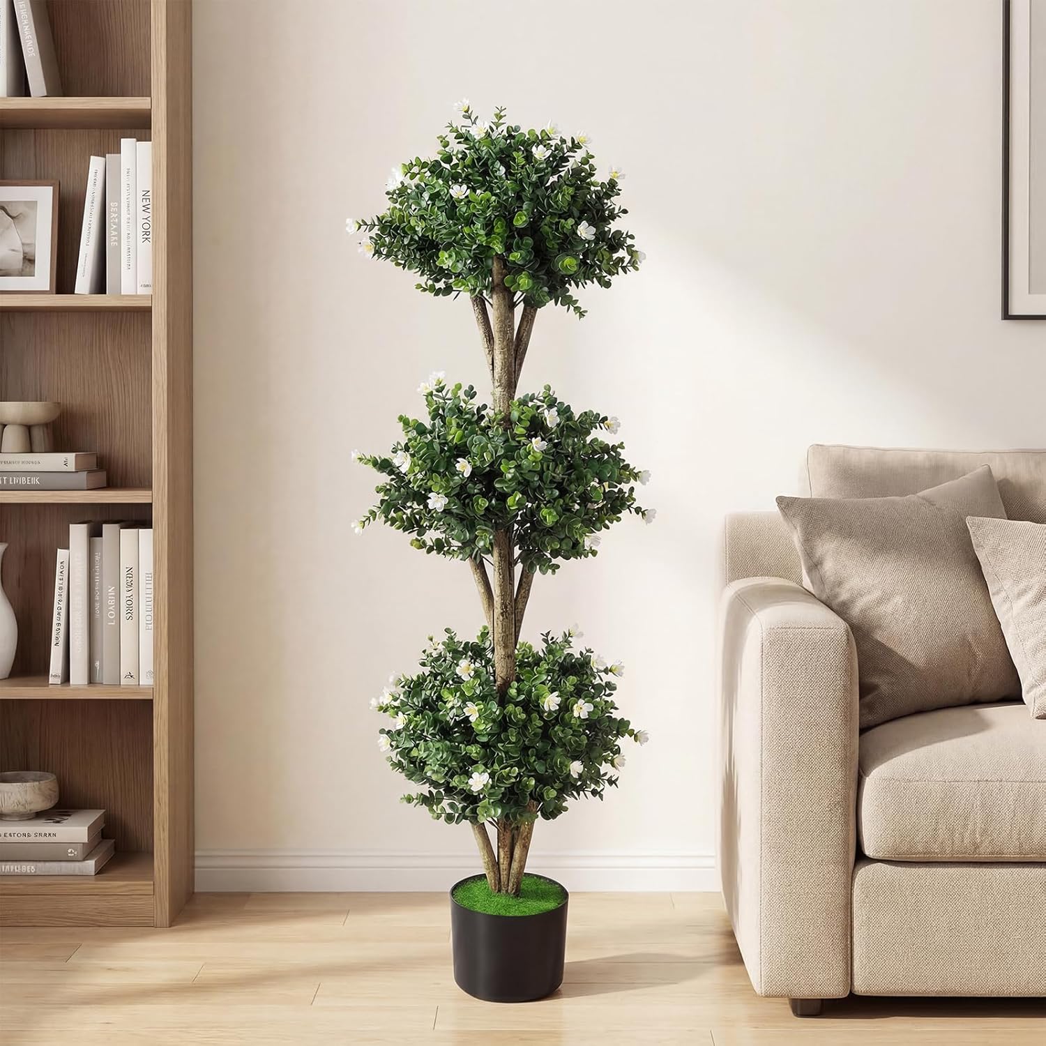 Goplus 51" Artificial Triple Ball Boxwood Topiary Trees, Set of 2 Faux Bush Plant with 59 Blossoms, Cement-Filled Plastic Pot, Sun-Resistant Indoor Outdoor Fake Greenery for Porch Home Decoration