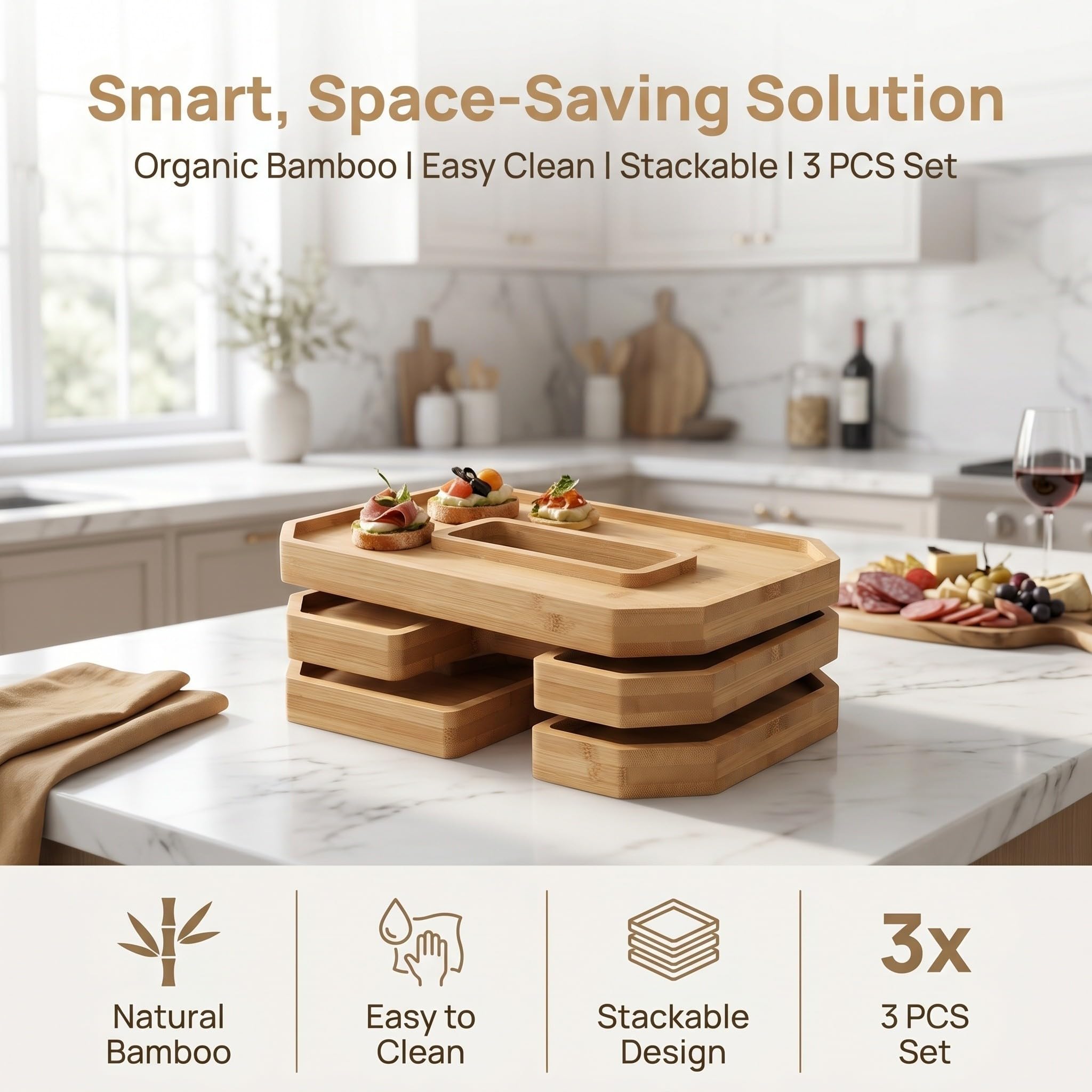 Plateau Alimentaire en Bois Carré Chiffres à Remplir, Compartiments Multiples, Surface Facile à Nettoyer, Empilable, pour Décoration de Table Anniversaire
