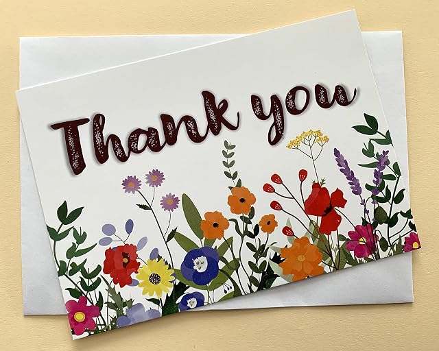 Floral Meadow Bright Thank You A6 Landscape Greetings Postcard Note Cards 25 Pack with Envelopes NHS Adults Children Gratitude Thanks Flowers Bright