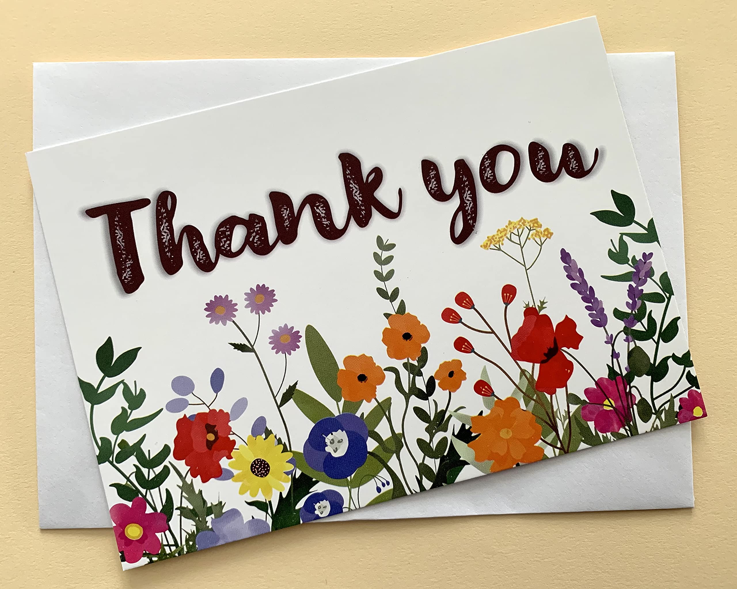 Floral Meadow Bright Thank You A6 Landscape Greetings Postcard Note Cards 25 Pack with Envelopes NHS Adults Children Gratitude Thanks Flowers Bright