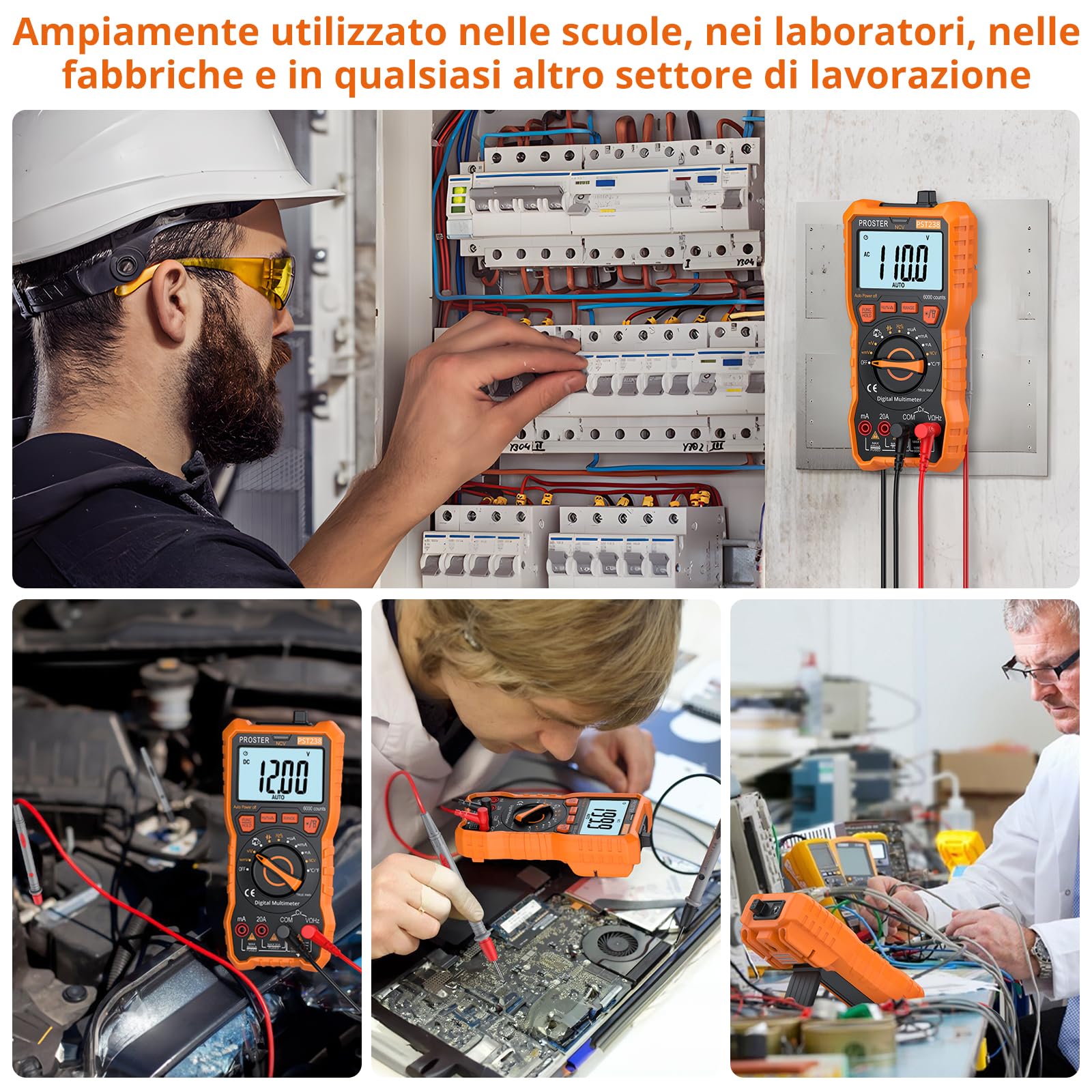 Proster Multimetro Digitale 6000 Conteggi 20A 1000V TRMS Auto Range Rilevatore NCV Misuratore di Tensione Corrente DC AC Temperatura Capacità Resistenza Diodo Tester di Continuità con una Borsa