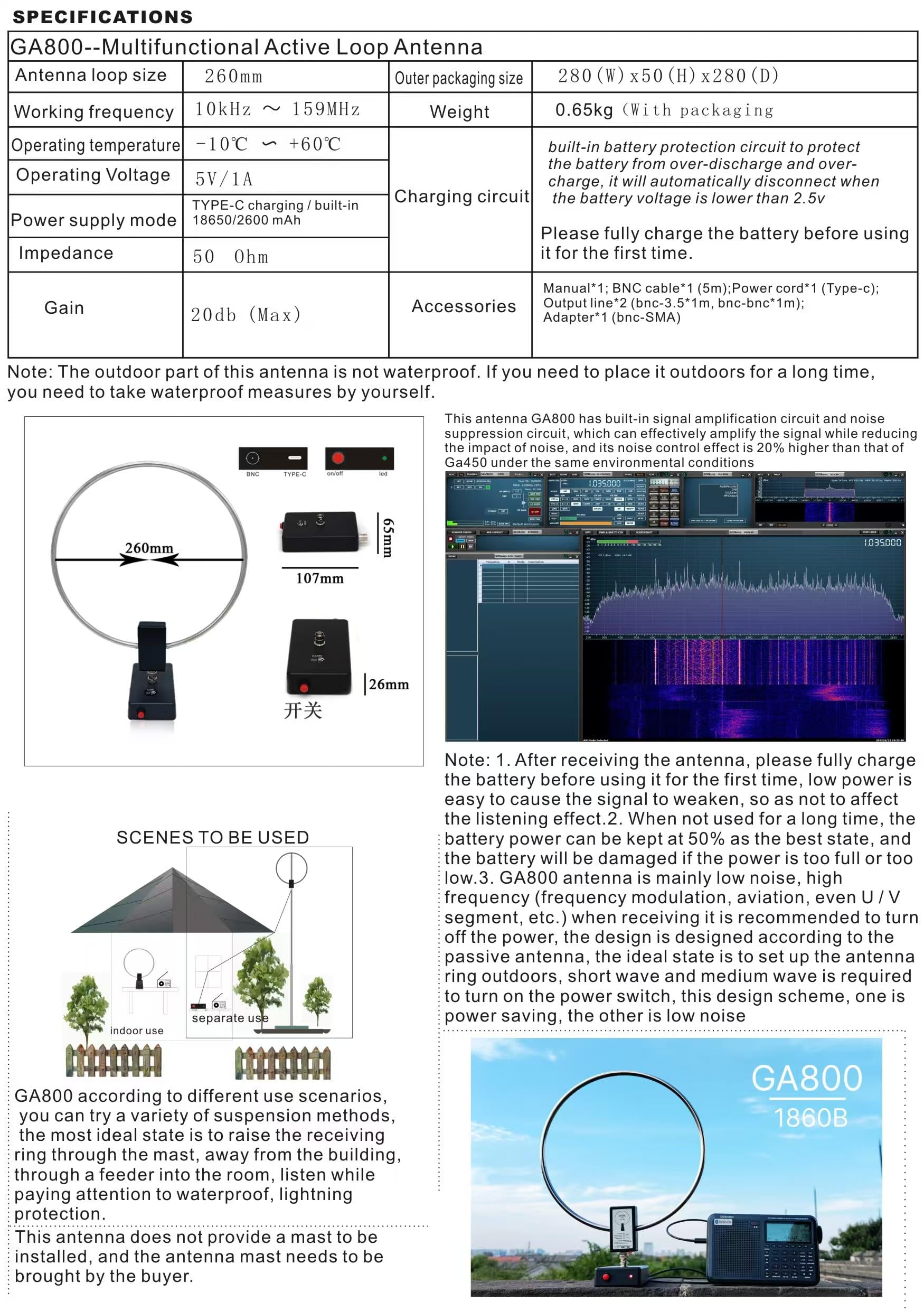 GA800 Antenna attiva portatile a onde corte (senza sintonizzazione), WOOKLEA Loop Antenna10kHz-159MHz, con cavo BNC, banda LW MW SW FM Air V, utilizzata per radio amatoriali