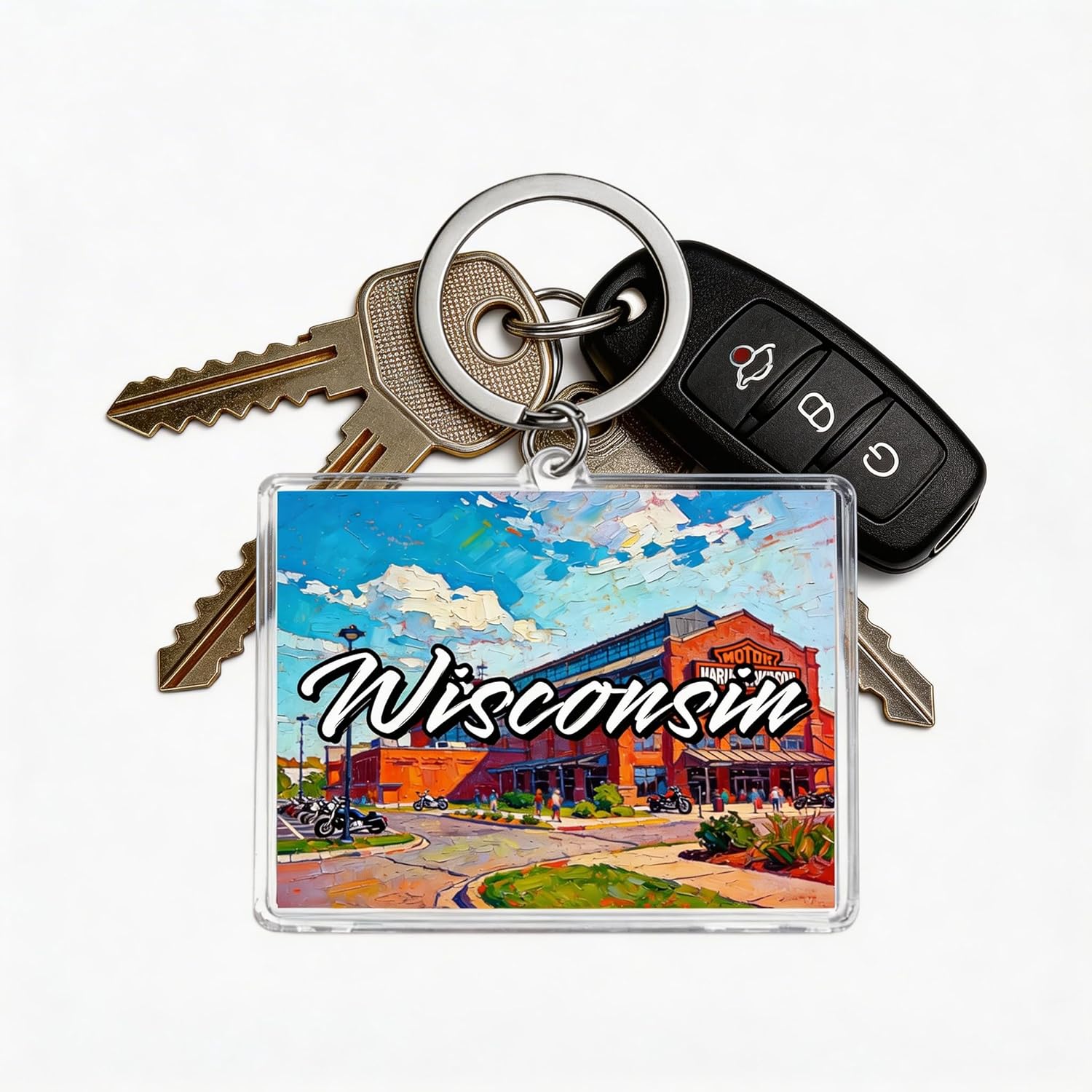 Wisconsin Acrylic Keychain, Multicolor Oil Painting Style Souvenir, 1.97 x 1.57 Inches, Lightweight Rectangle Charm with Metal Key Ring