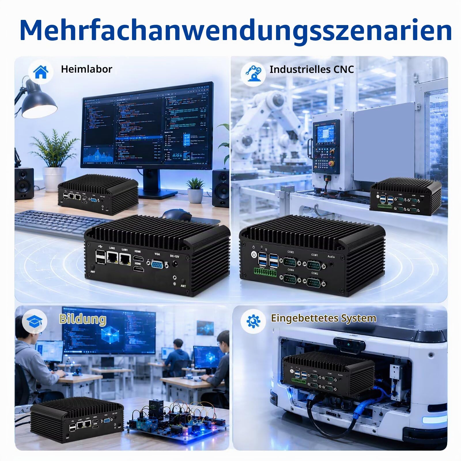 Mini PC Lüfterlos N150 (N100 Upgrade), DDR4 8GB RAM 128GB NVMe SSD, 2 Gigabit LAN Lüfterlos Industrie PC, Linux Fanless Desktop Computer, 4 x RS232 COM, 4USB3.0, 2USB2.0, Auto Power On