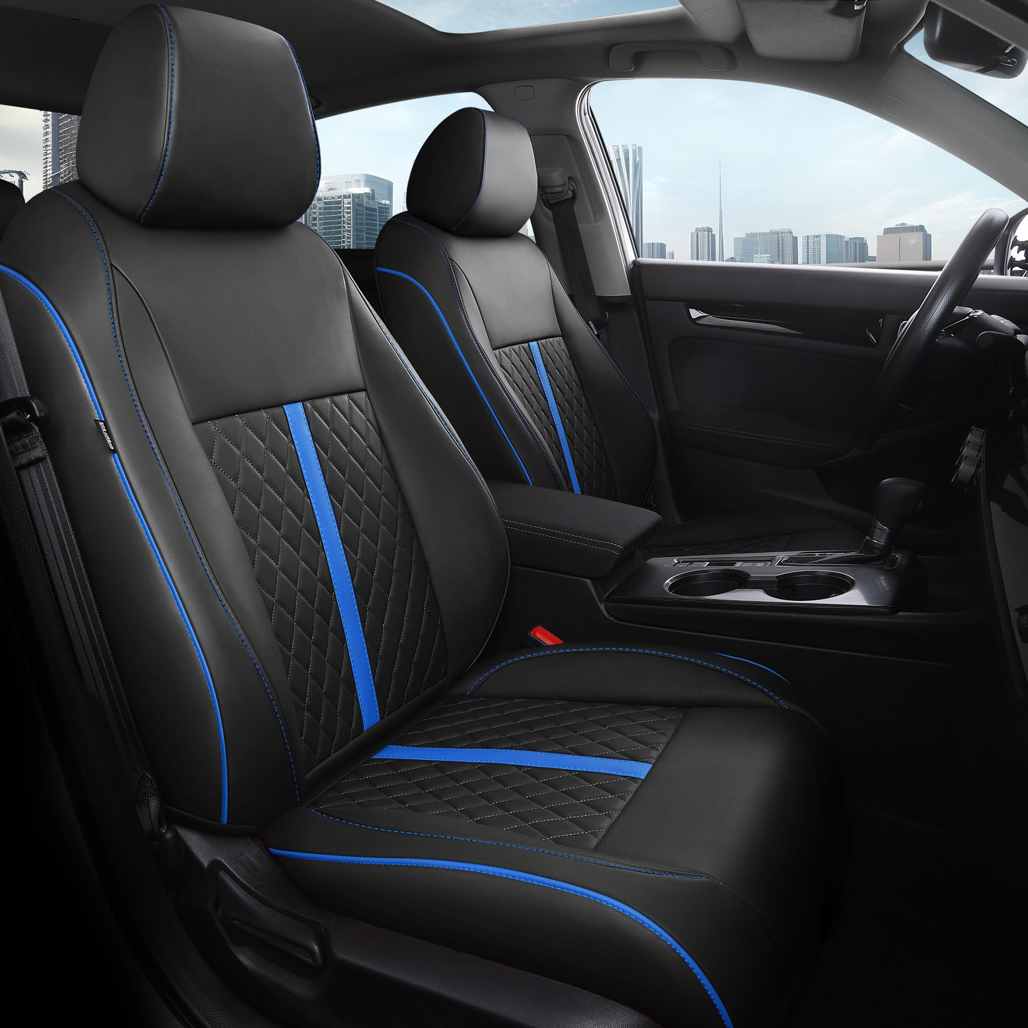 RIDEPOSH for Honda Civic Leather Seat Covers, Sedan LX 2016 2017 2018 2019 2020 2021, Custom Fit Car Seat Cover Full Set, Waterproof Accessories, Black Blue (Solid Bench Seats- W/O Rear Armrest)