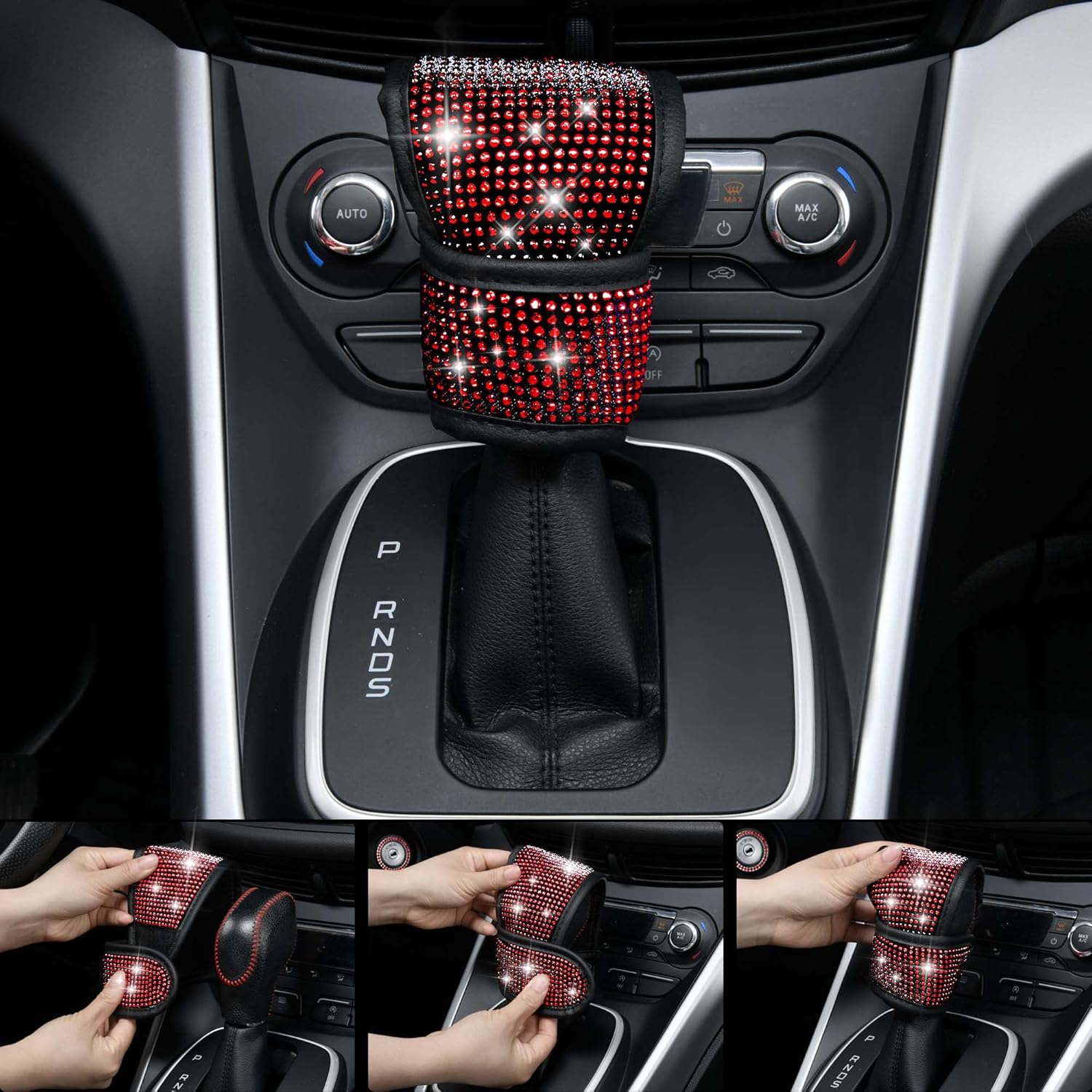 CAR PASS 11 PCS Bling Diamond Car Mats Set for Women Girls, Sparkly Rhinestone Steering Wheel Cover, Waterproof Floor Mats Universal Fit for SUV,Vans,Sedans,Trucks Anti-Slip, Interior Sets Black Red - Image 8